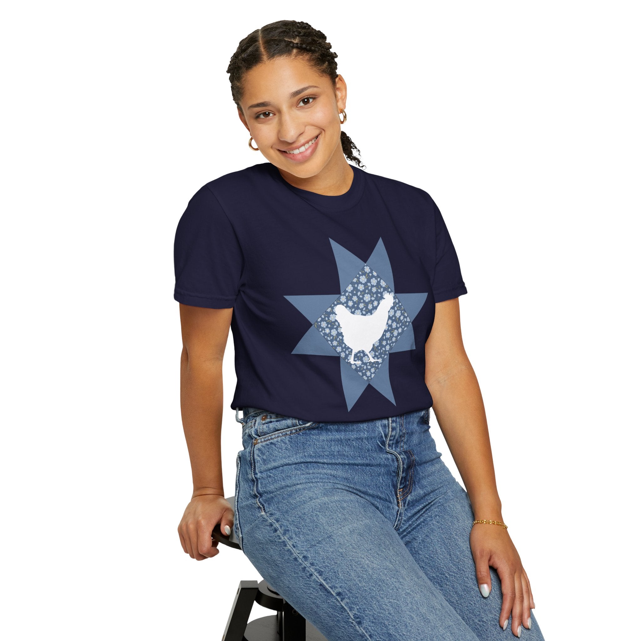 Chicken Quilt Star T‑Shirt — Farmhouse Hen Graphic Tee