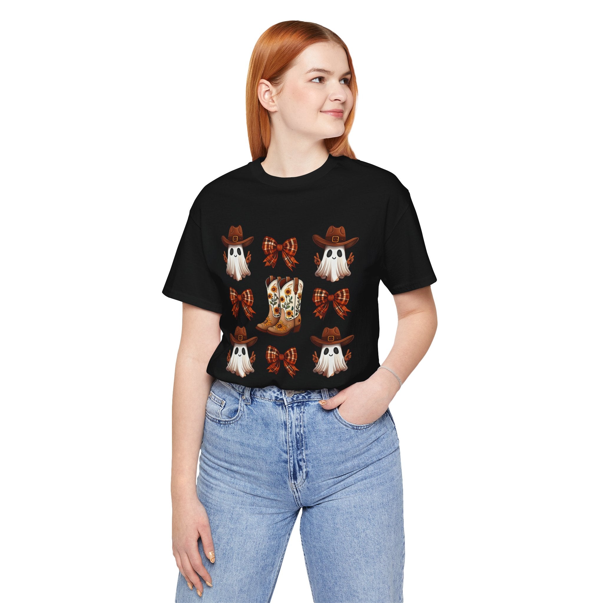 Cowgirl Fall Halloween Tee — Ghosts, Cowboy Boots & Plaid Bows Graphic T-Shirt