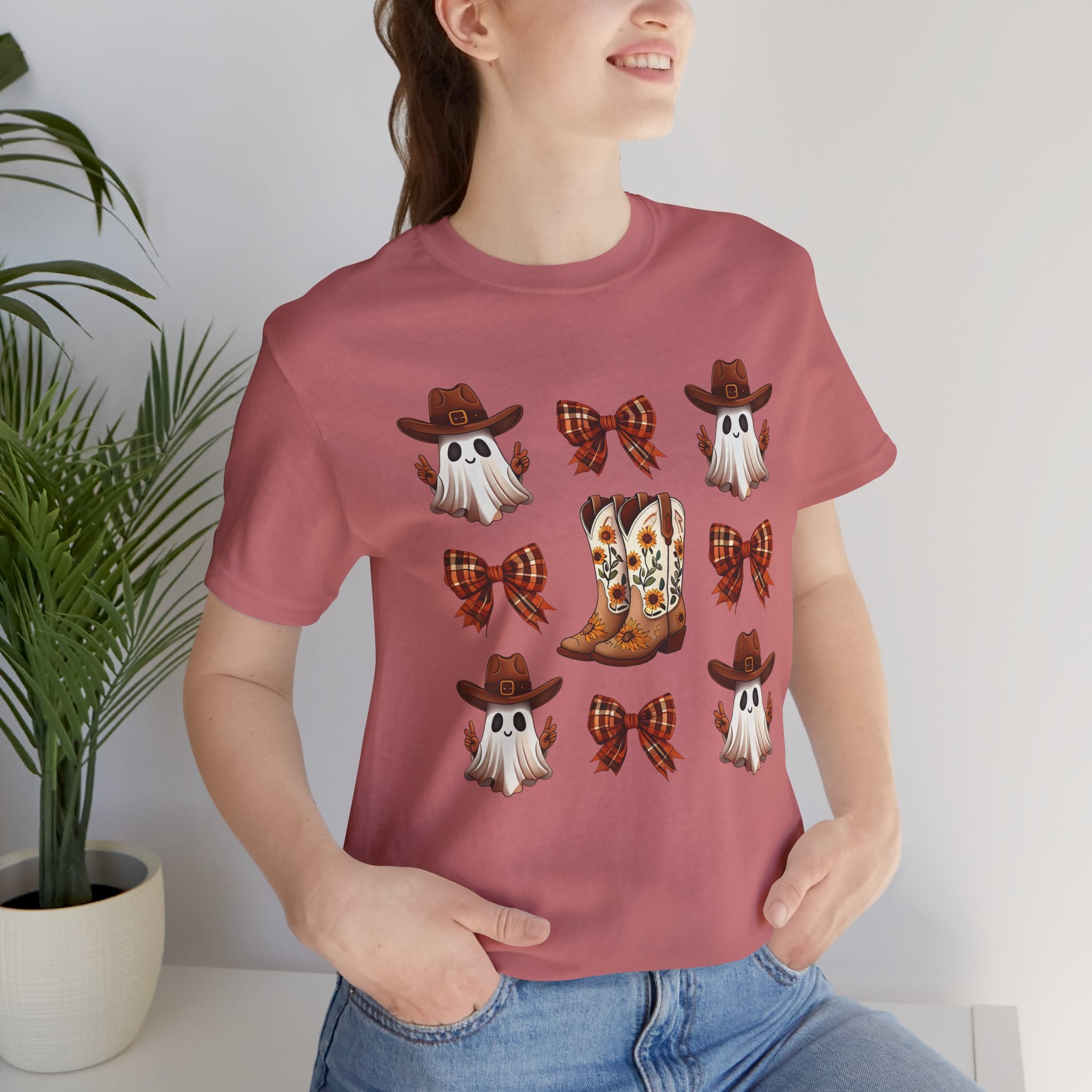 Cowgirl Fall Halloween Tee — Ghosts, Cowboy Boots & Plaid Bows Graphic T-Shirt