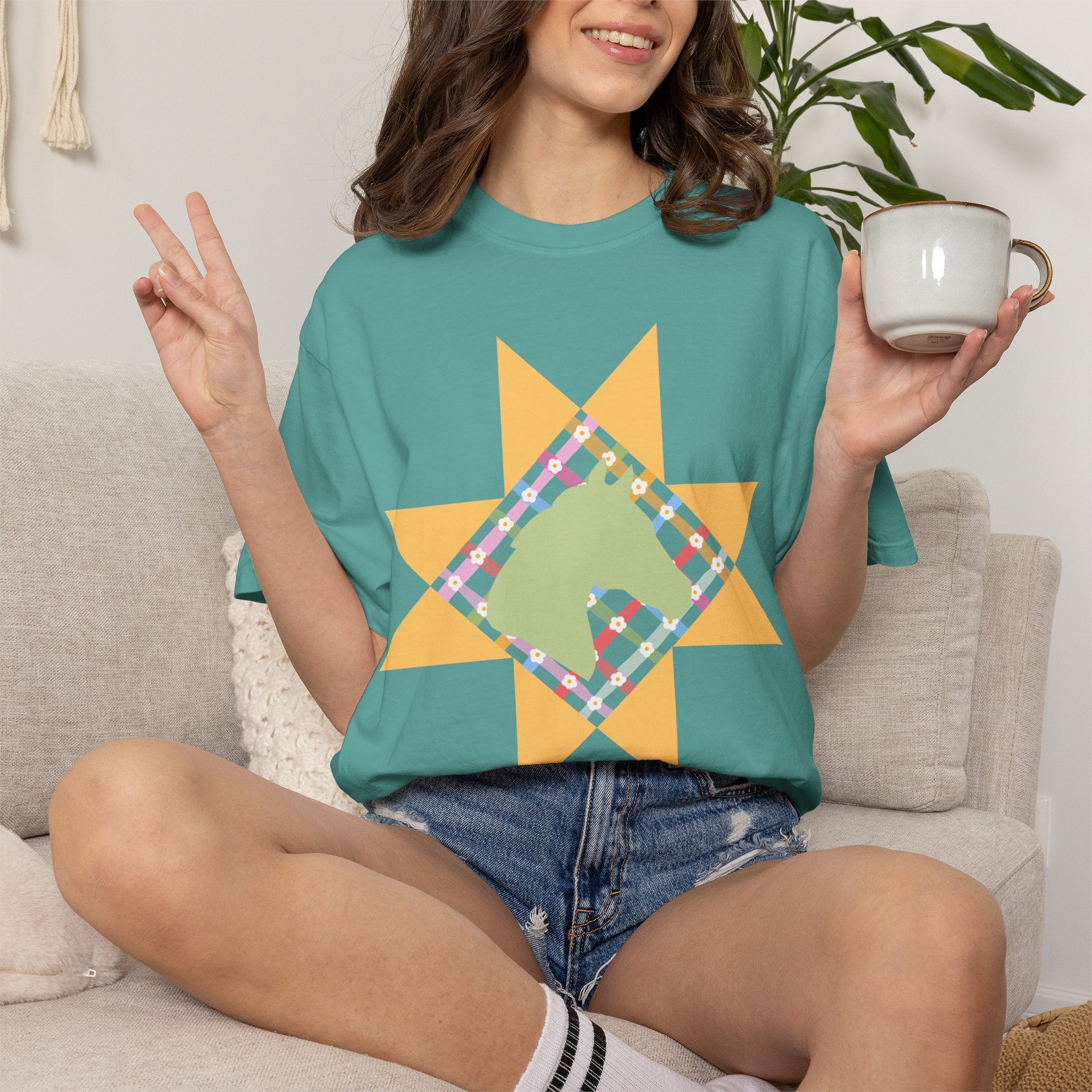 Starburst Quilt Horse Tee — Floral Patchwork Graphic T-Shirt