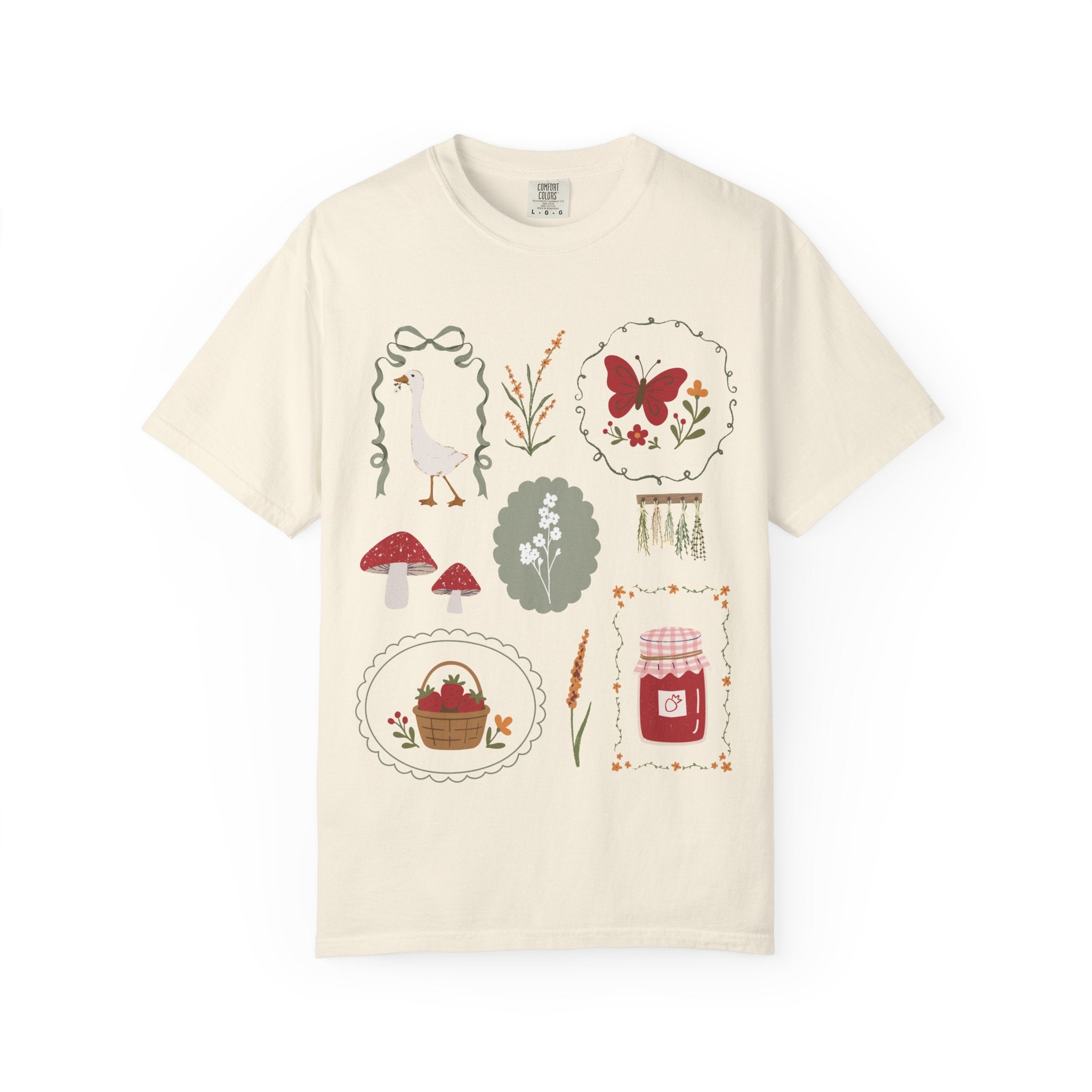 Spring Cottagecore T-Shirt — Butterfly, Mushrooms & Picnic Illustrations