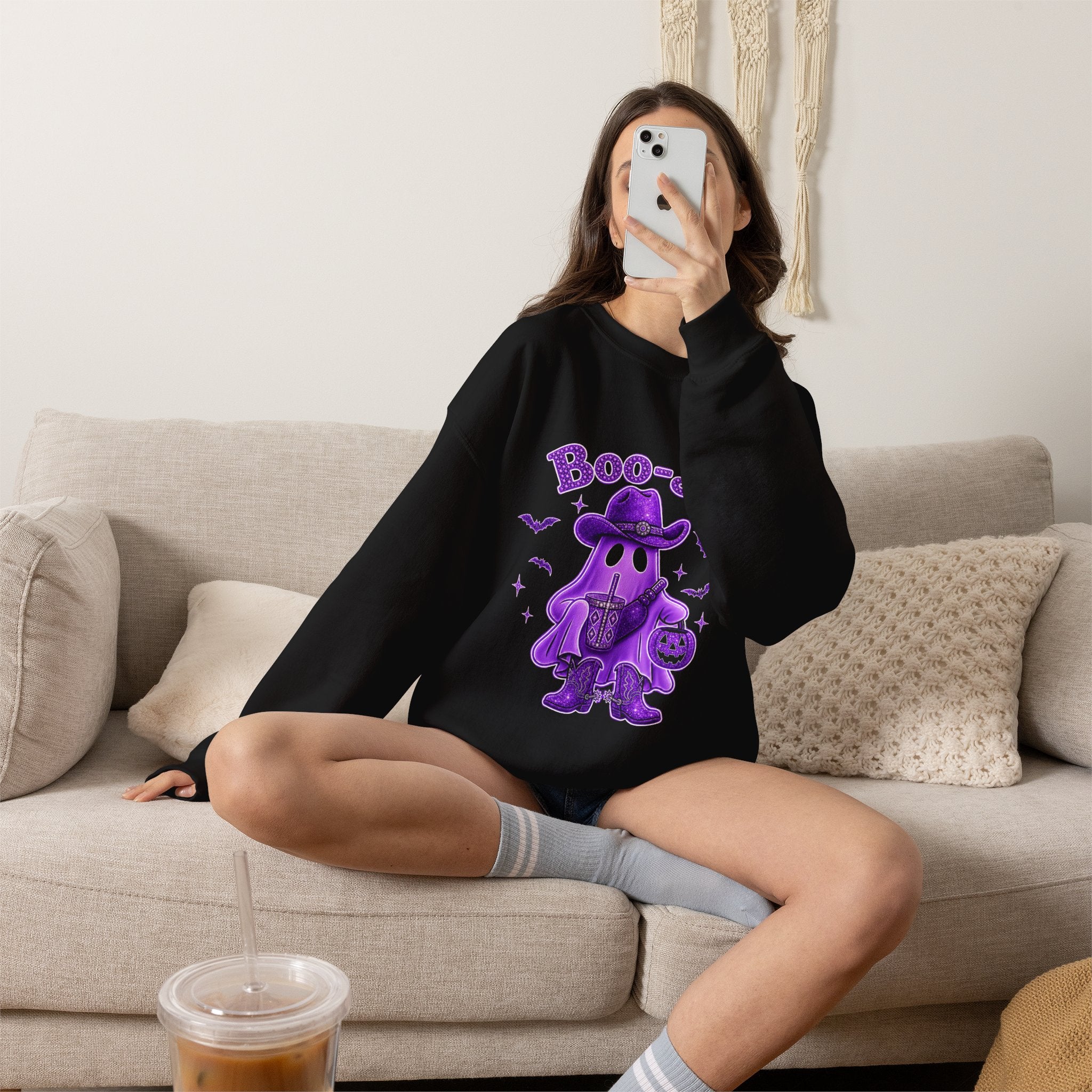 Purple Bling Ghost Cowboy Sweatshirt — "Boo-Jee" Halloween Graphic Crewneck