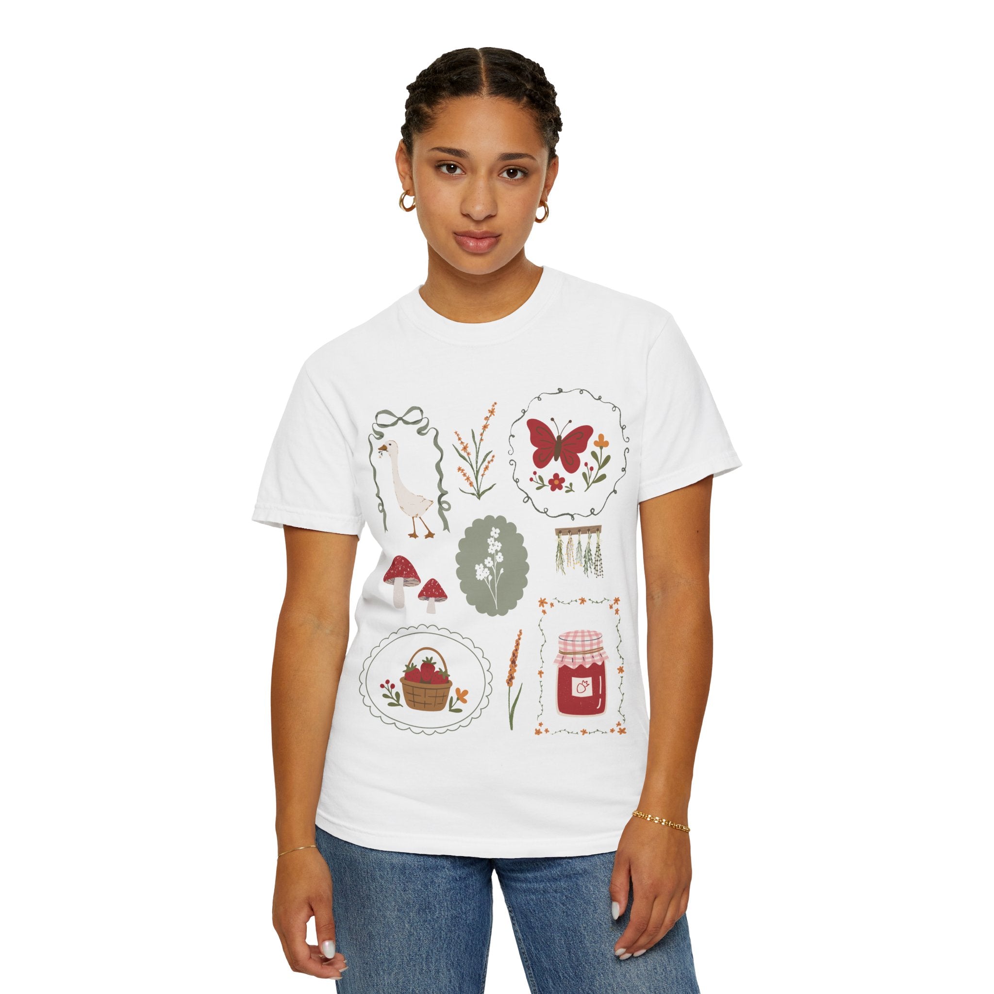 Spring Cottagecore T-Shirt — Butterfly, Mushrooms & Picnic Illustrations