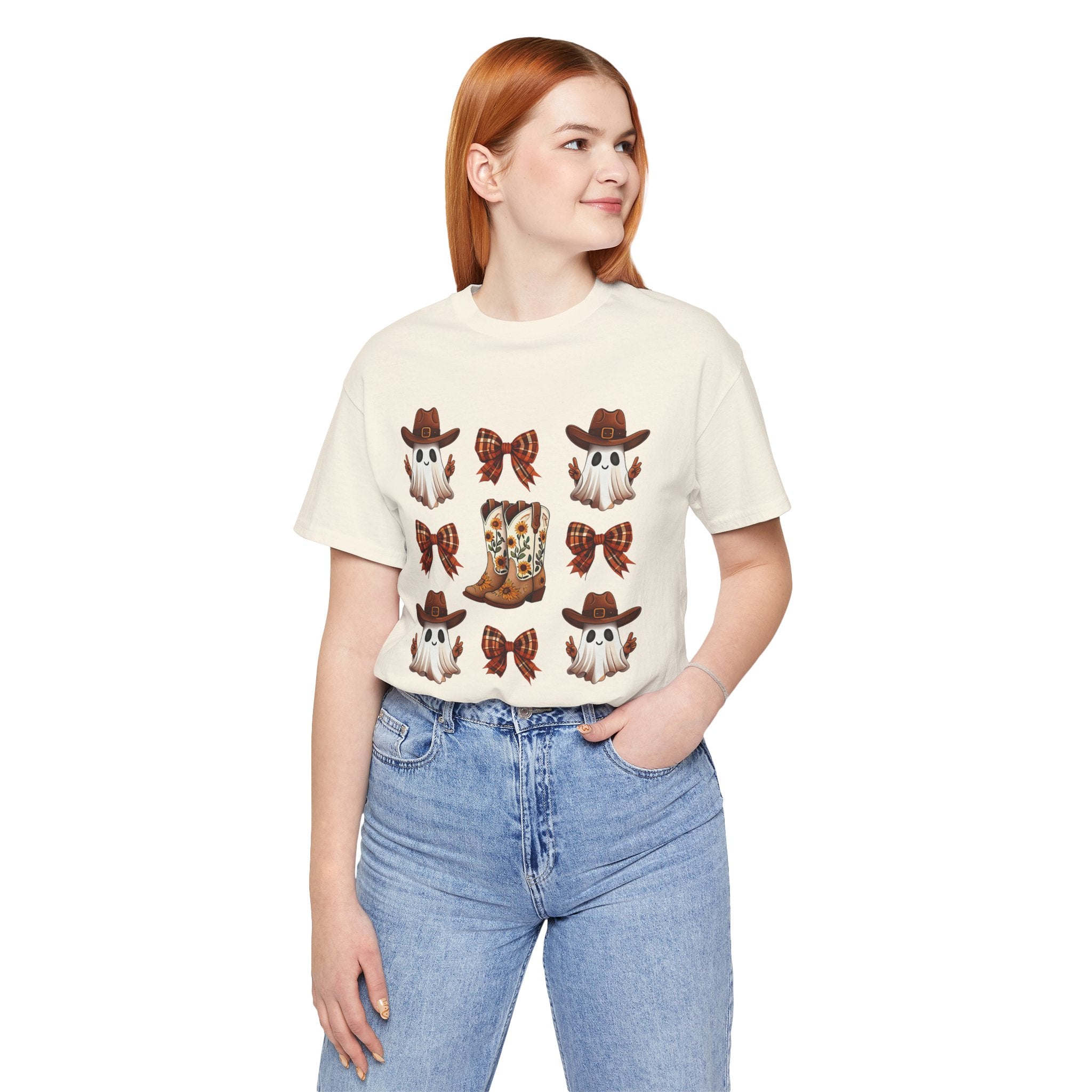 Cowgirl Fall Halloween Tee — Ghosts, Cowboy Boots & Plaid Bows Graphic T-Shirt