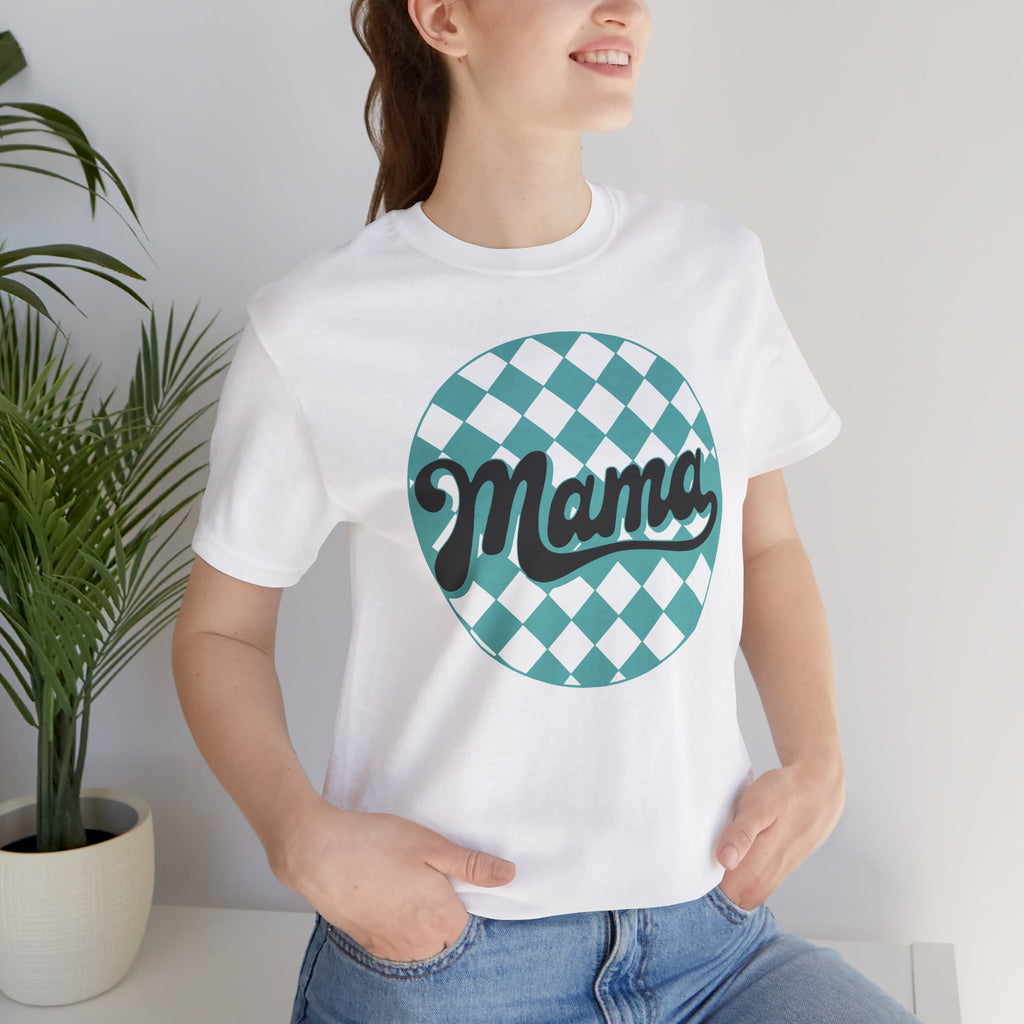 Mama Retro Checkerboard Tee — Vintage Script Mom T-Shirt