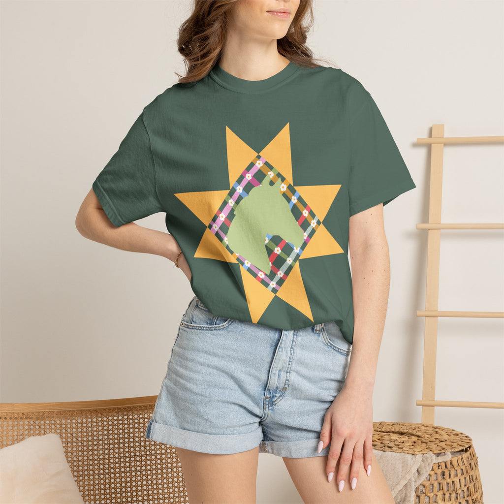 Starburst Quilt Horse Tee — Floral Patchwork Graphic T-Shirt