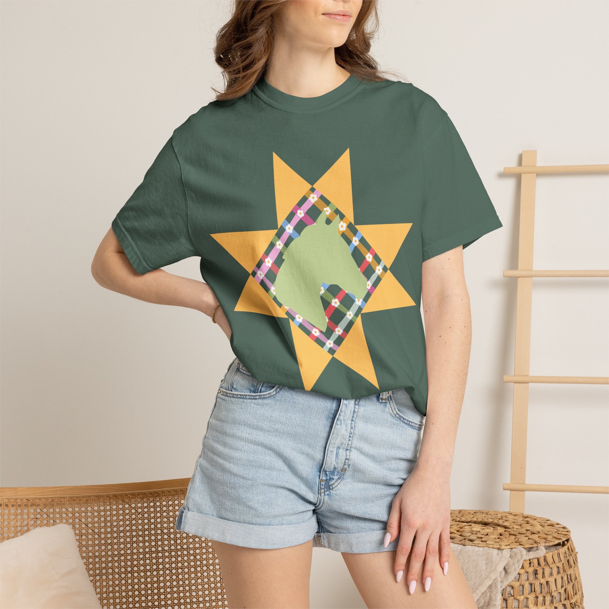 Starburst Quilt Horse Tee — Floral Patchwork Graphic T-Shirt