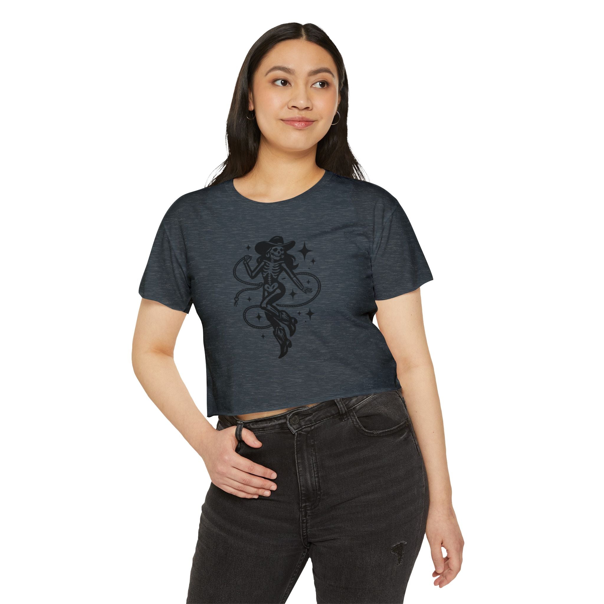 Skeleton Cowgirl Crop Top — Retro Western Festival Tee