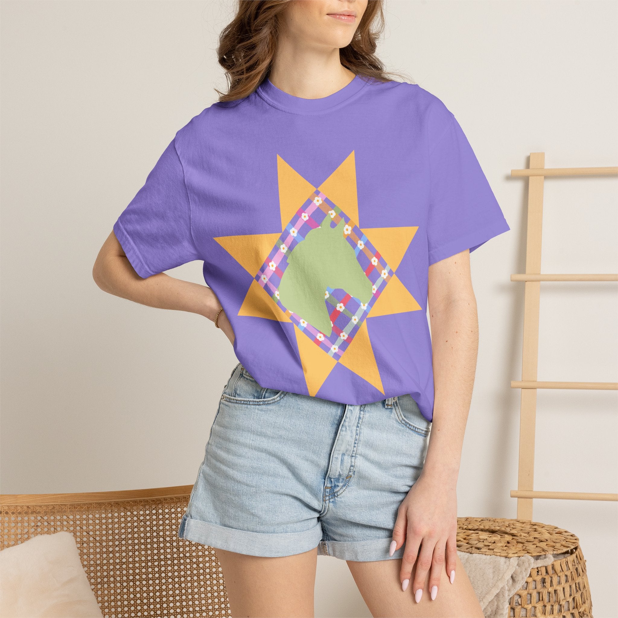 Starburst Quilt Horse Tee — Floral Patchwork Graphic T-Shirt