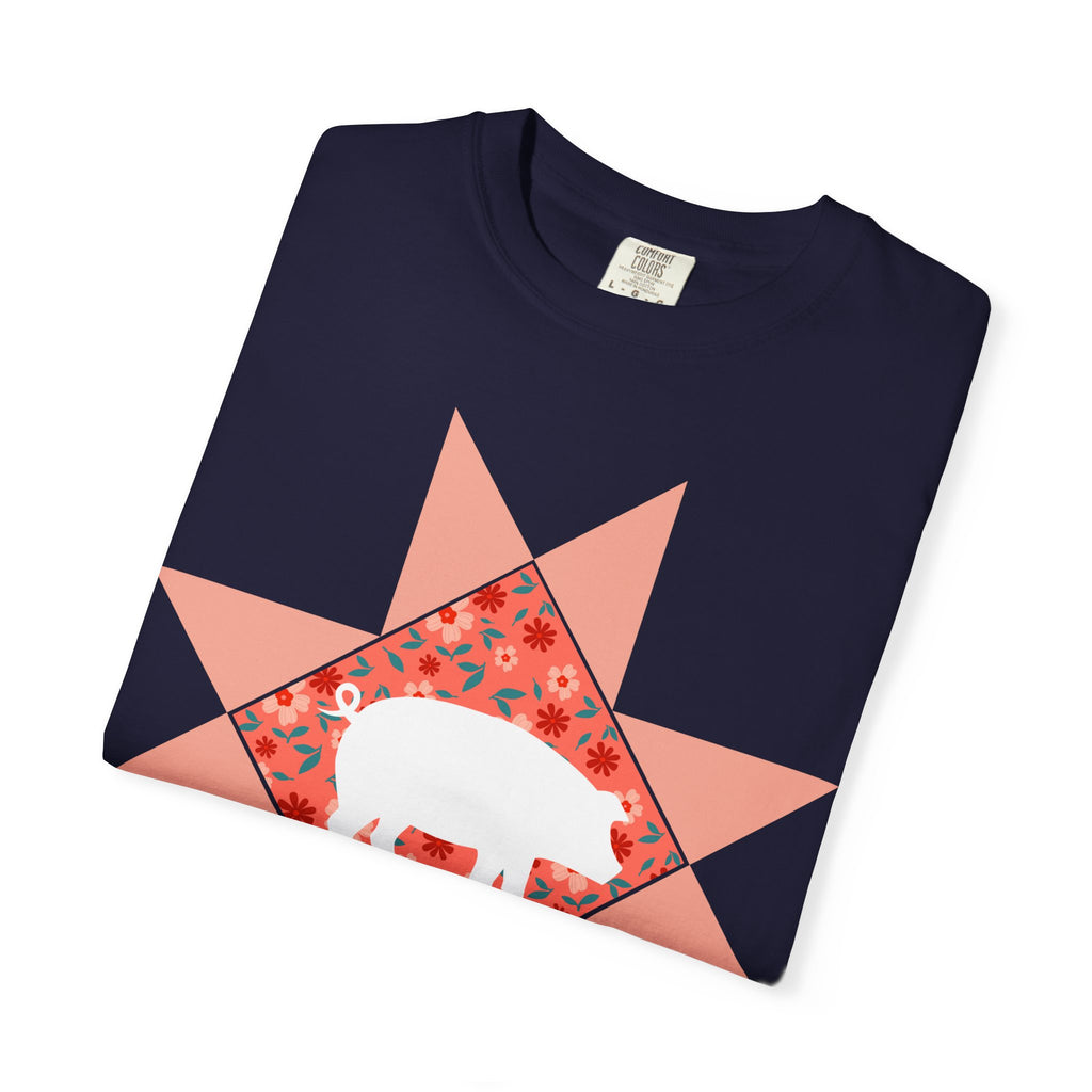 Pig Silhouette Star Quilting T-Shirt — Floral Farm Animal Tee