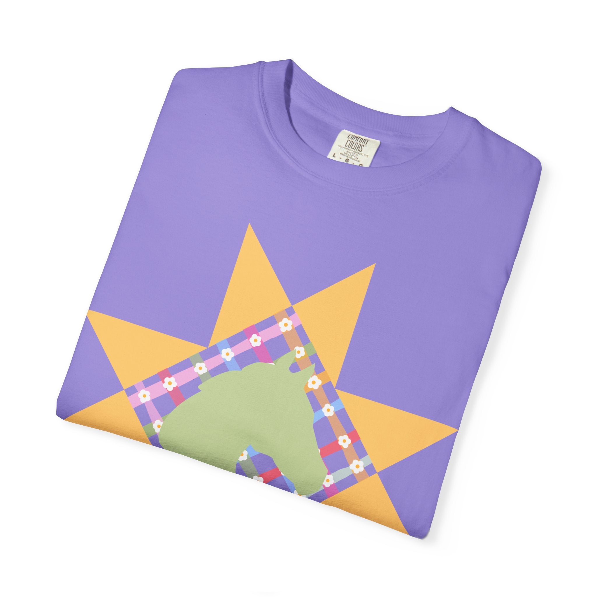 Starburst Quilt Horse Tee — Floral Patchwork Graphic T-Shirt