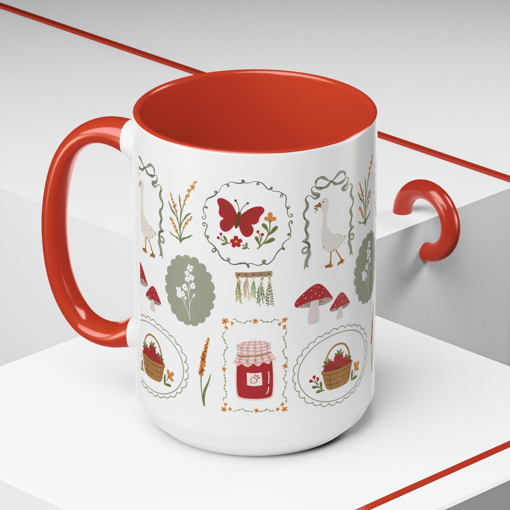 Floral Cottage Accent Coffee Mug — Pink Interior with Garden Icons (11/15 oz)