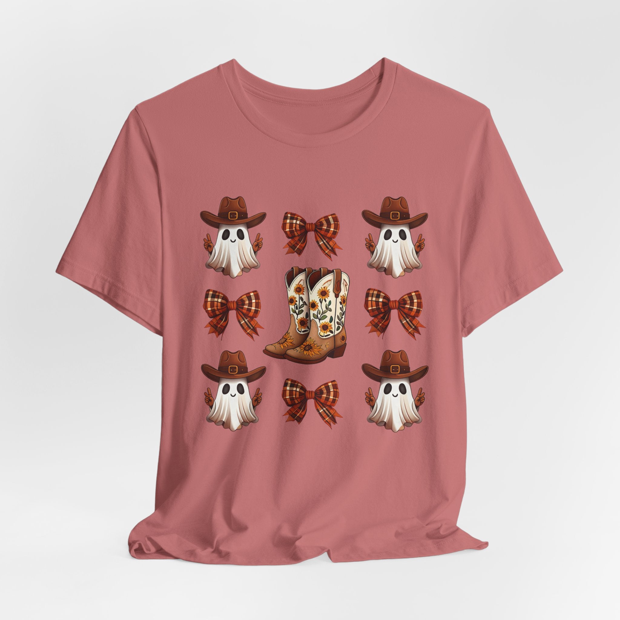 Cowgirl Fall Halloween Tee — Ghosts, Cowboy Boots & Plaid Bows Graphic T-Shirt