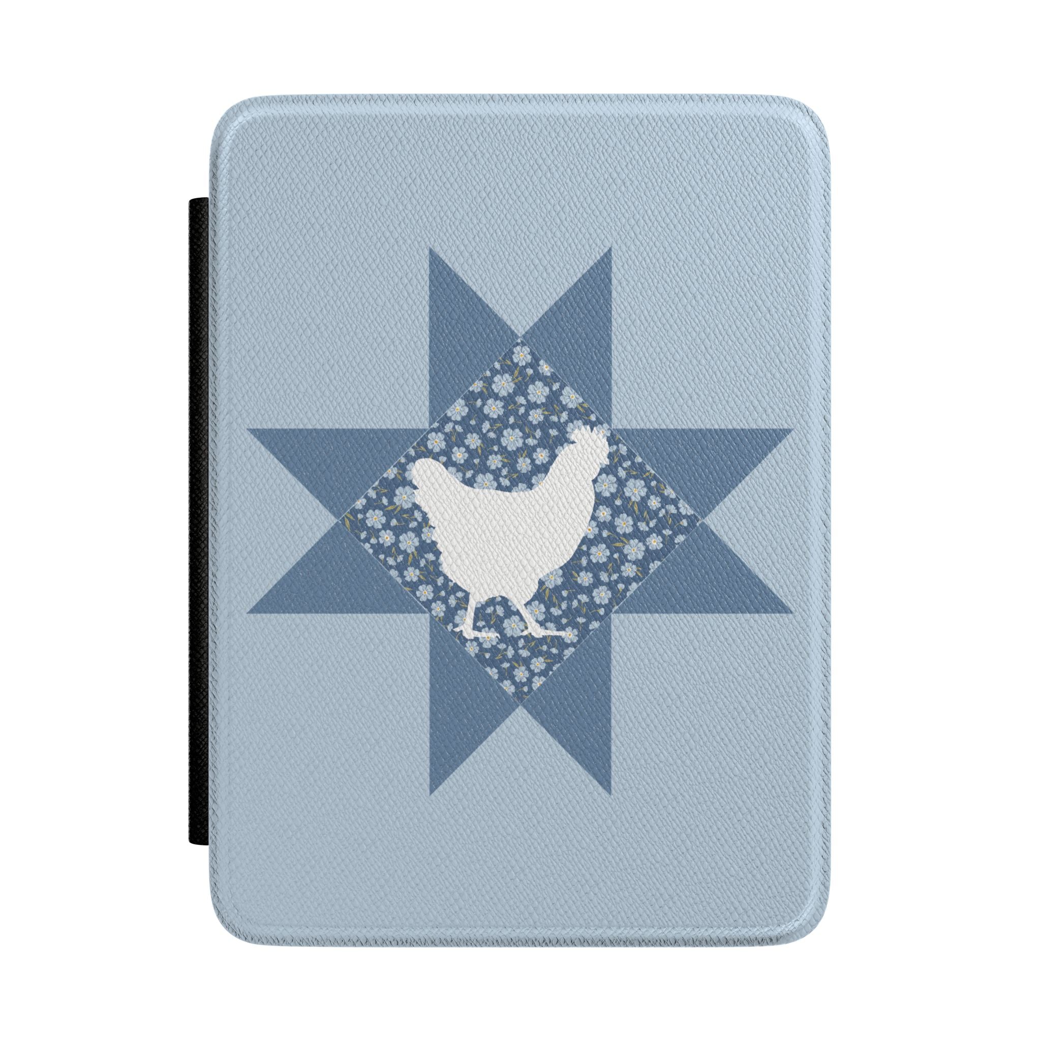 Blue Farmhouse Chicken Kindle Case - Quilted Star Rooster E-Reader Cover