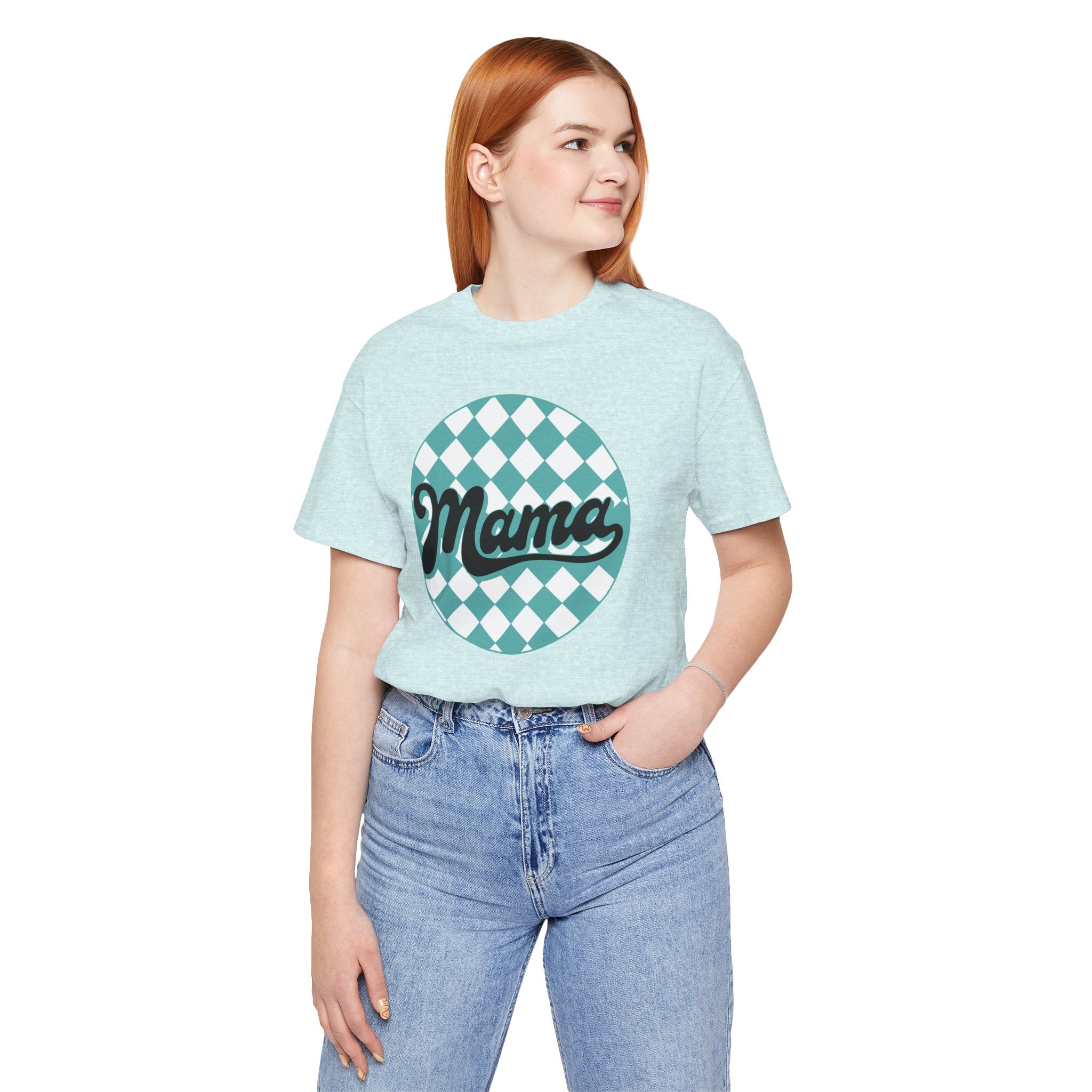 Mama Retro Checkerboard Tee — Vintage Script Mom T-Shirt