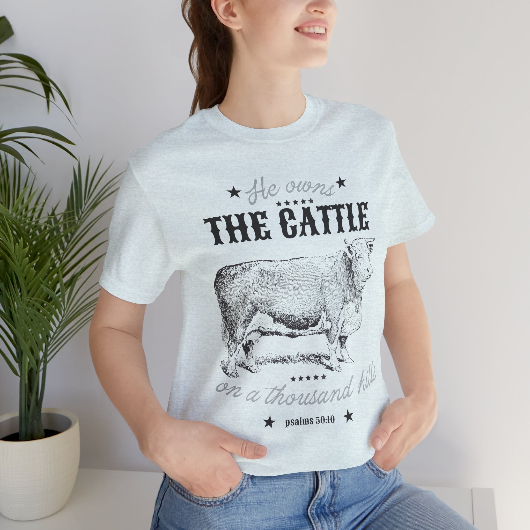 Vintage Cow Graphic Tee — "He Owns The Cattle" Rustic Farm Shirt (Psalm 50:10)