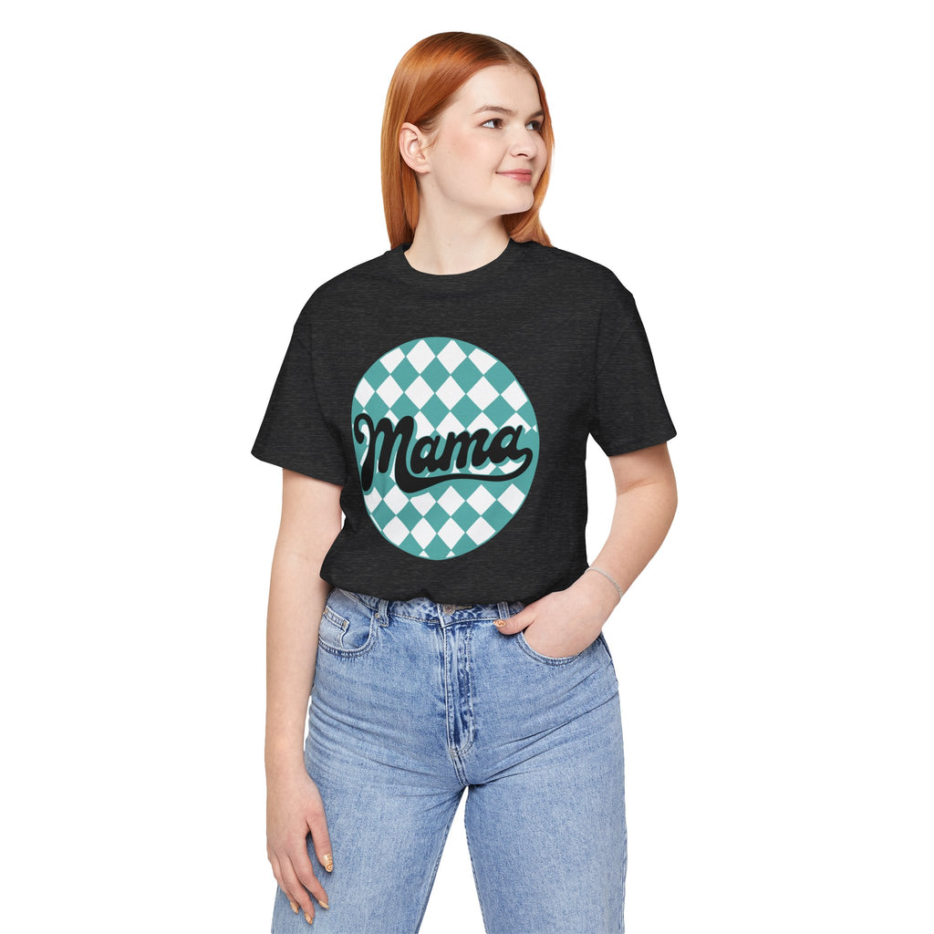 Mama Retro Checkerboard Tee — Vintage Script Mom T-Shirt