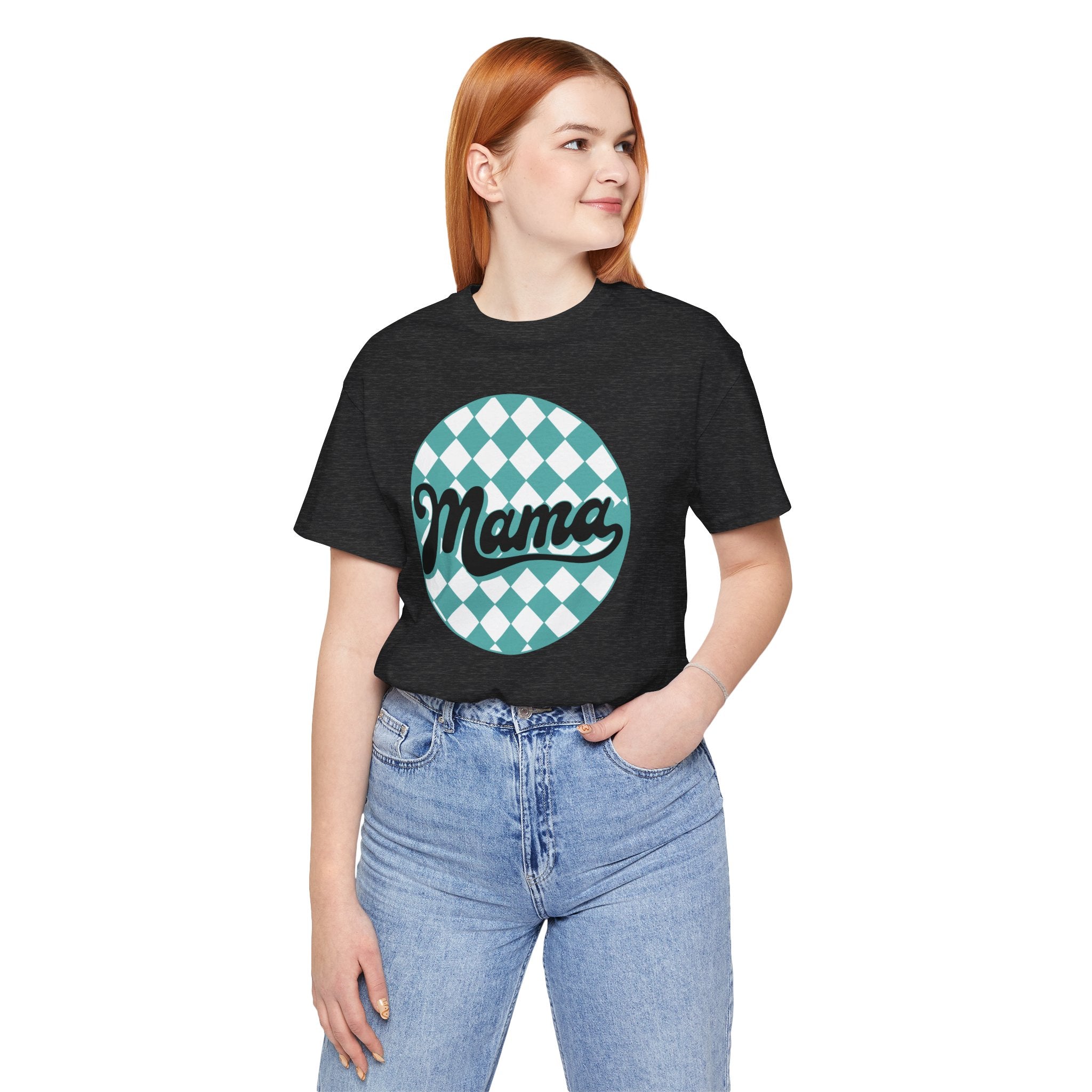 Mama Retro Checkerboard Tee — Vintage Script Mom T-Shirt