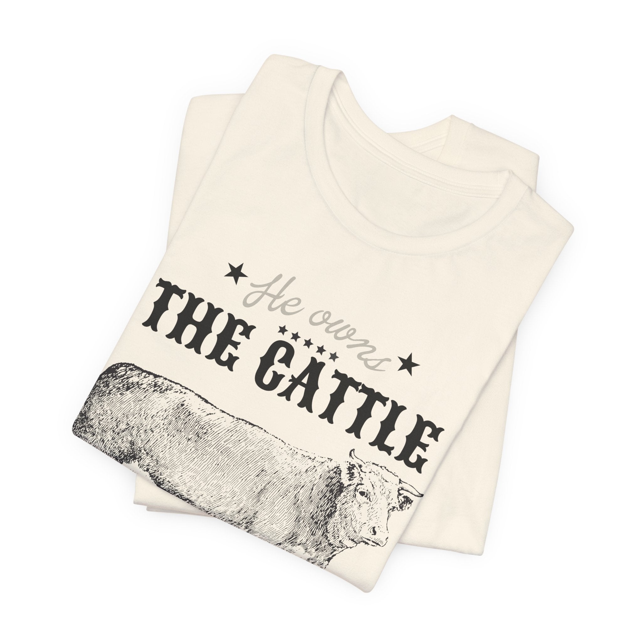 Vintage Cow Graphic Tee — "He Owns The Cattle" Rustic Farm Shirt (Psalm 50:10)