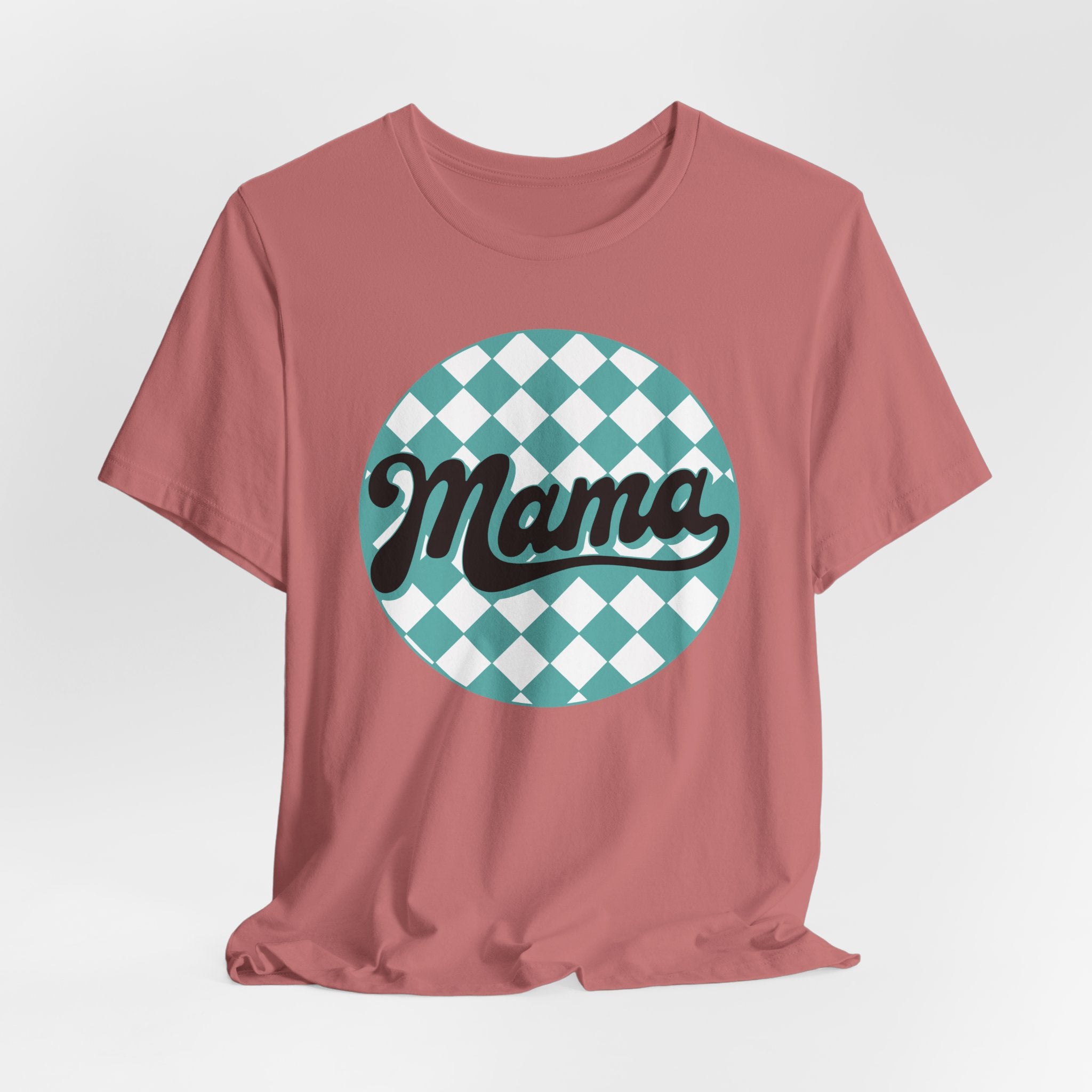 Mama Retro Checkerboard Tee — Vintage Script Mom T-Shirt