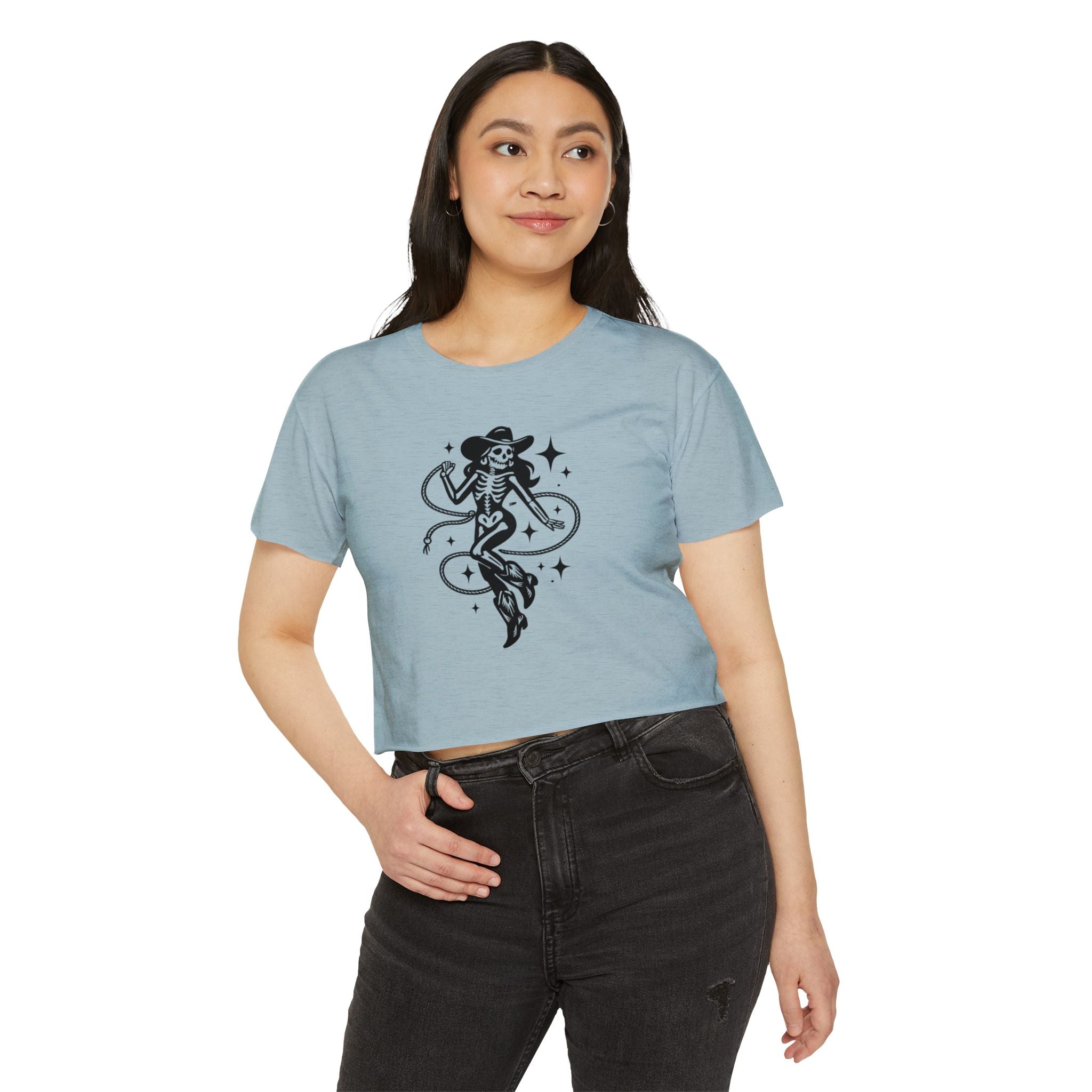 Skeleton Cowgirl Crop Top — Retro Western Festival Tee