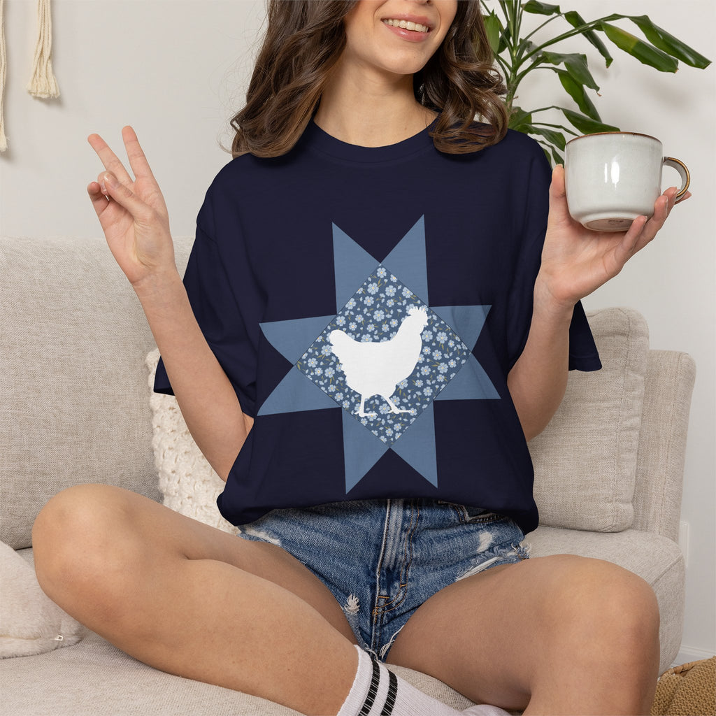 Chicken Quilt Star T‑Shirt — Farmhouse Hen Graphic Tee