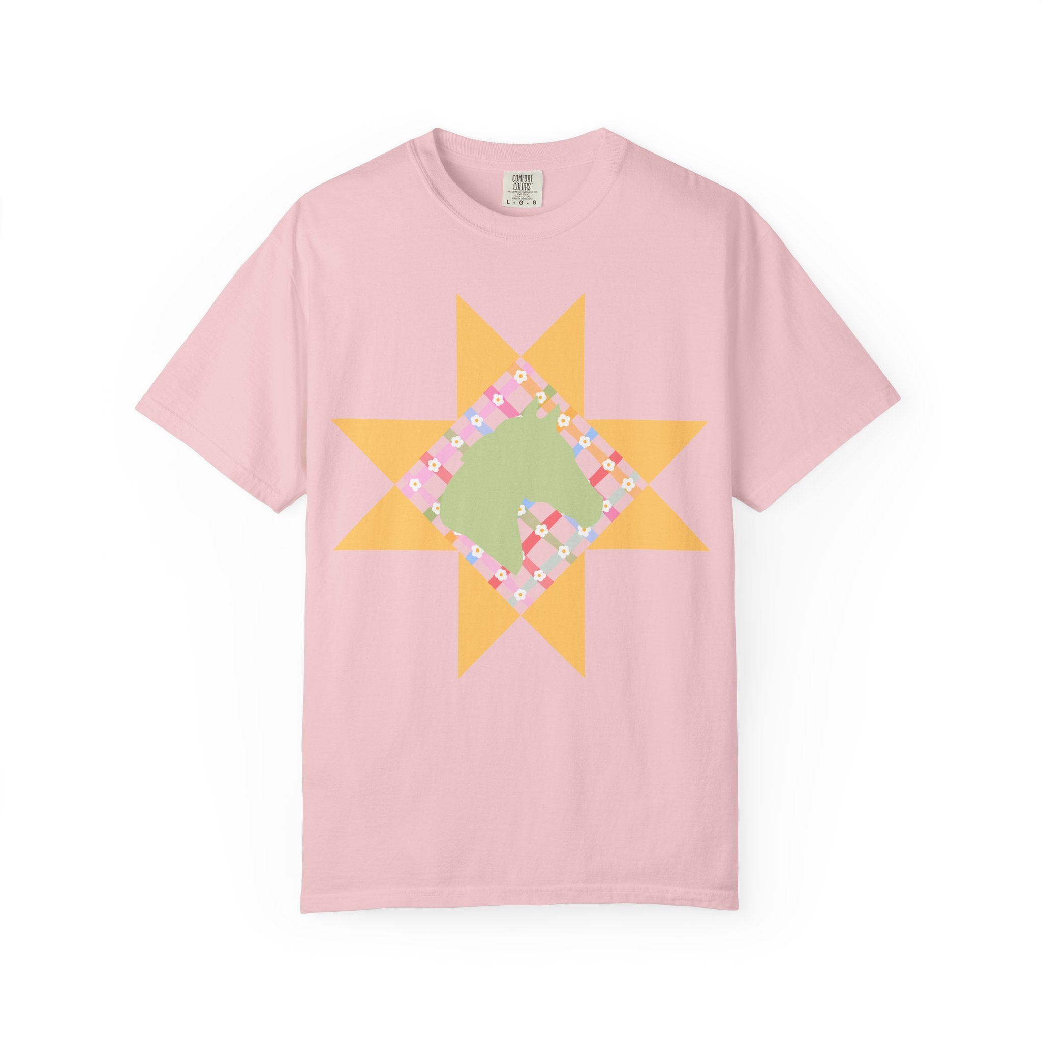Starburst Quilt Horse Tee — Floral Patchwork Graphic T-Shirt