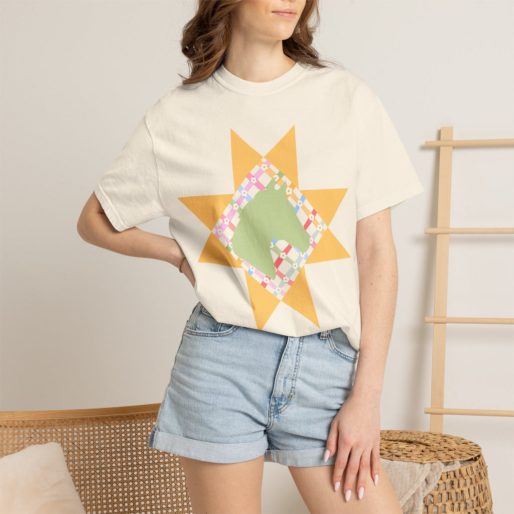 Starburst Quilt Horse Tee — Floral Patchwork Graphic T-Shirt