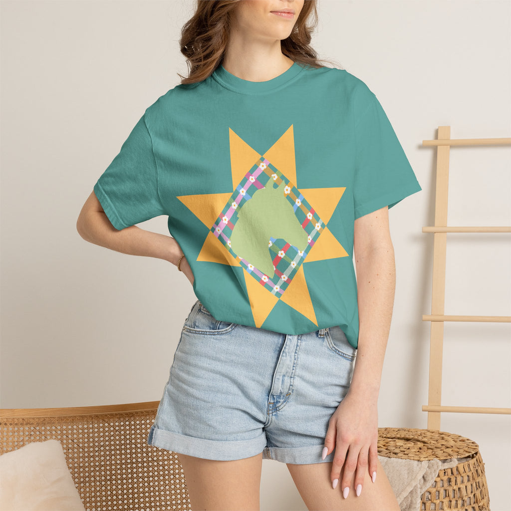 Starburst Quilt Horse Tee — Floral Patchwork Graphic T-Shirt