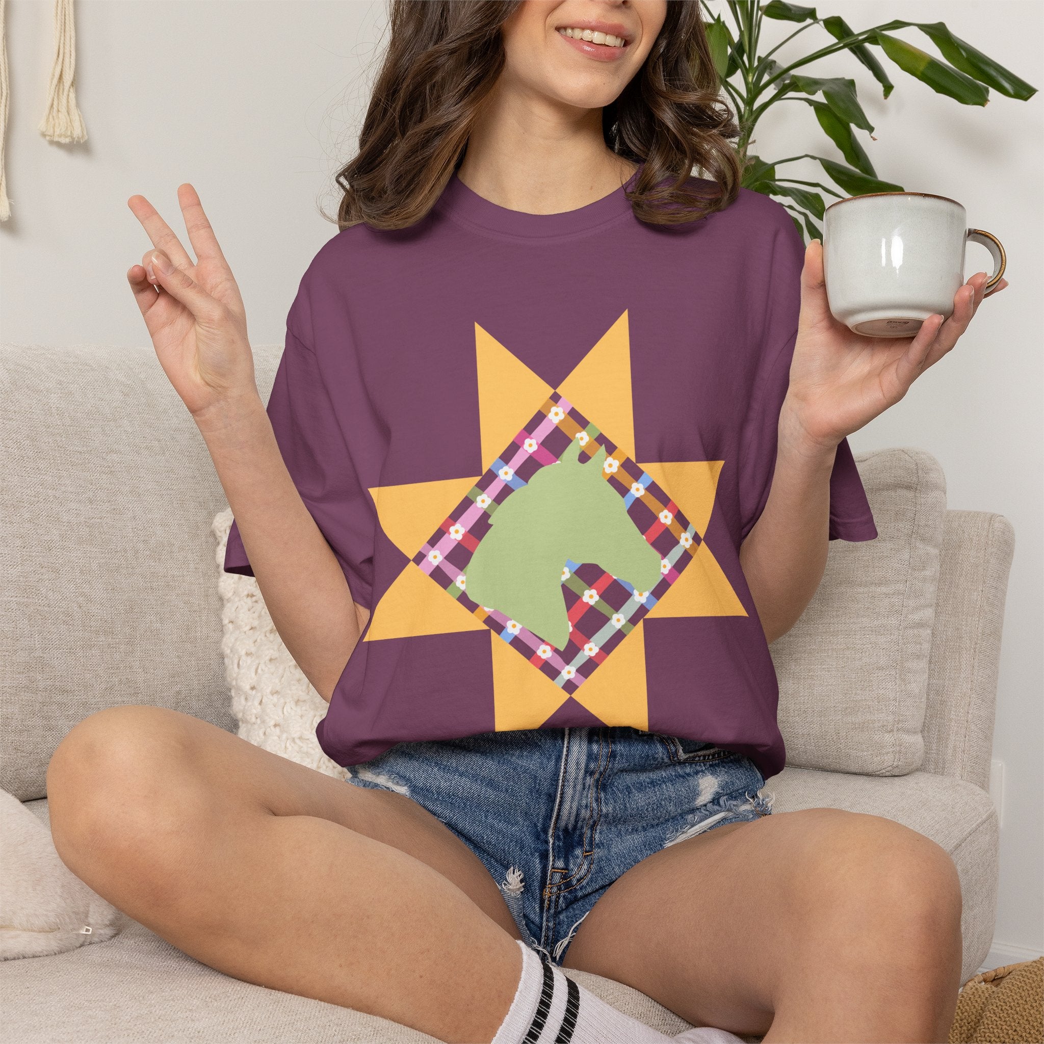 Starburst Quilt Horse Tee — Floral Patchwork Graphic T-Shirt
