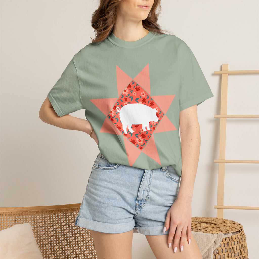 Pig Silhouette Star Quilting T-Shirt — Floral Farm Animal Tee
