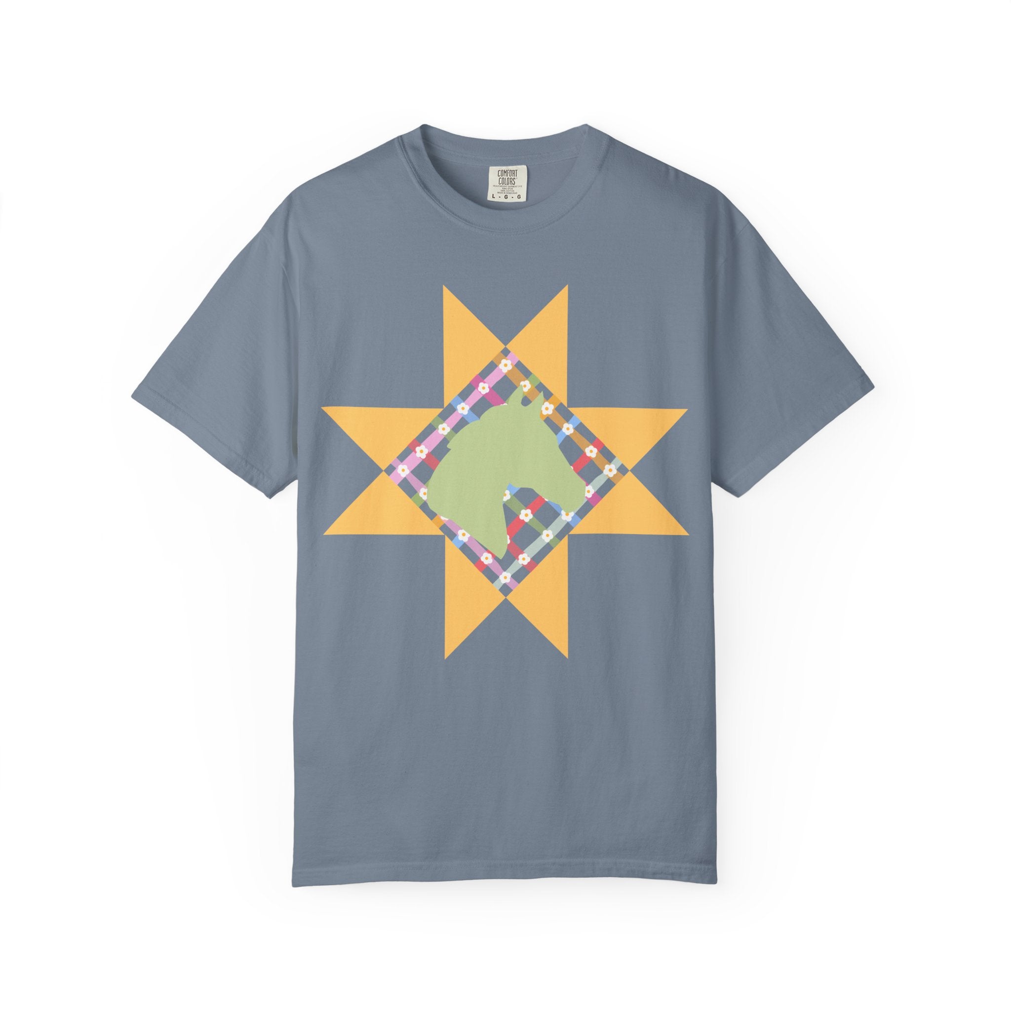 Starburst Quilt Horse Tee — Floral Patchwork Graphic T-Shirt