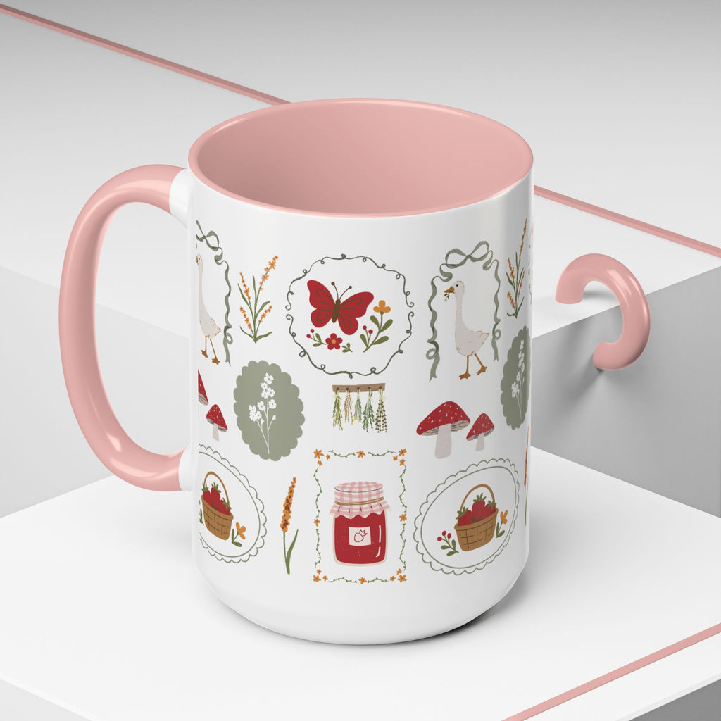 Floral Cottage Accent Coffee Mug — Pink Interior with Garden Icons (11/15 oz)