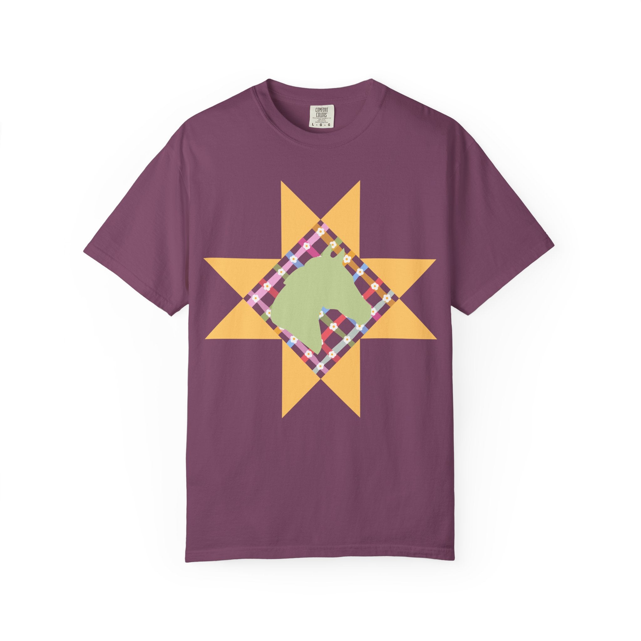Starburst Quilt Horse Tee — Floral Patchwork Graphic T-Shirt