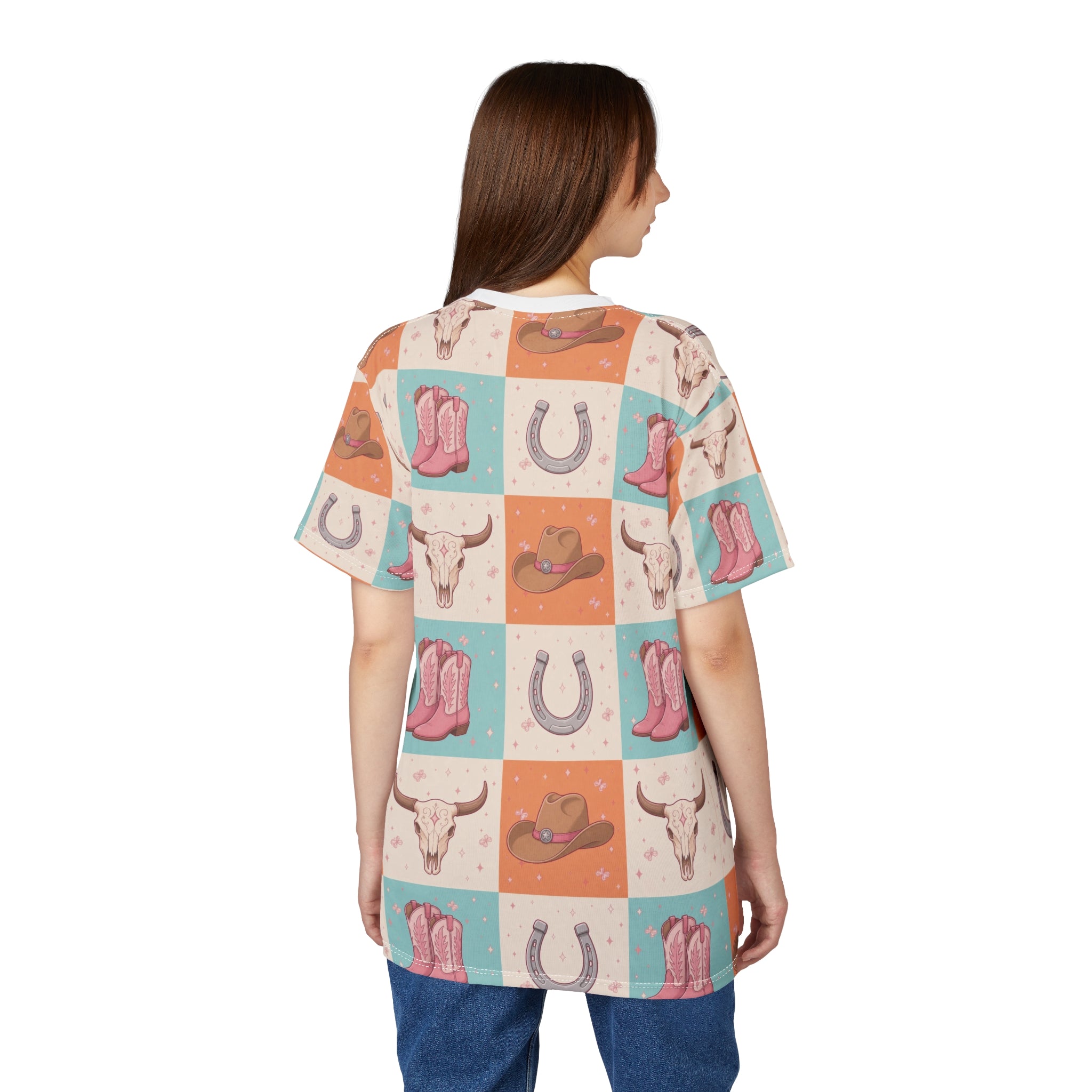 Western Patchwork All-Over Print Tee — Cowgirl Boots, Cowboy Hat & Horseshoe Design