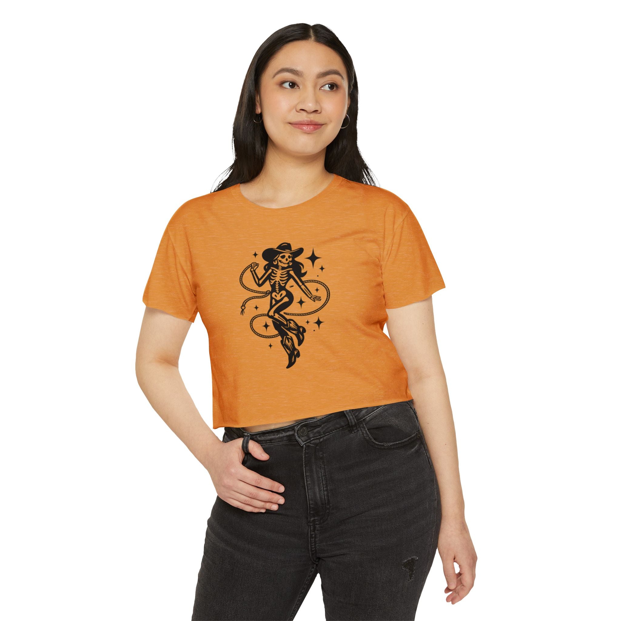 Skeleton Cowgirl Crop Top — Retro Western Festival Tee