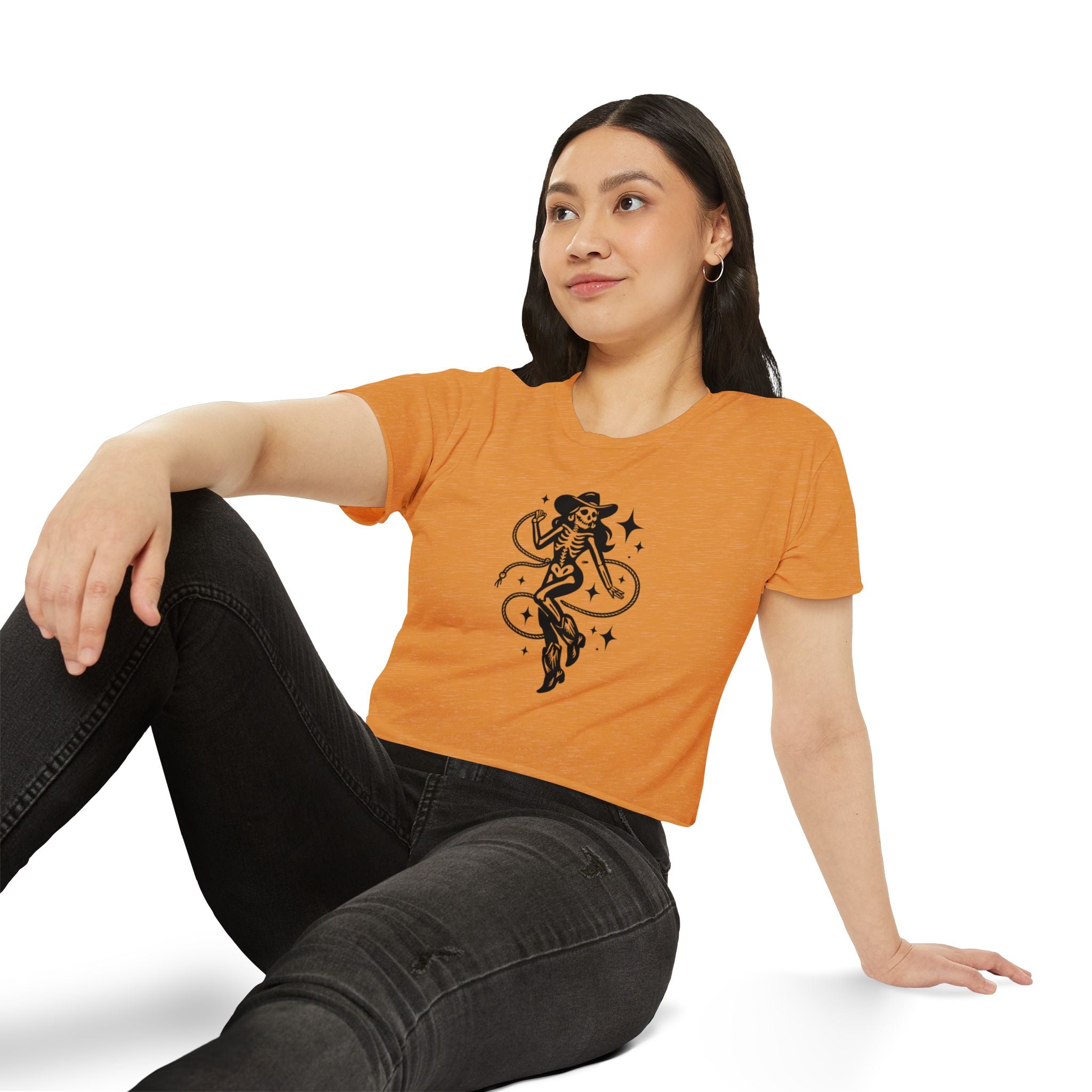 Skeleton Cowgirl Crop Top — Retro Western Festival Tee
