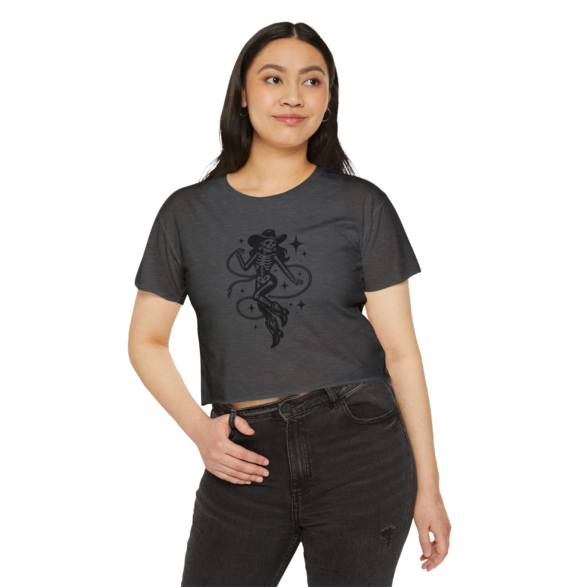 Skeleton Cowgirl Crop Top — Retro Western Festival Tee