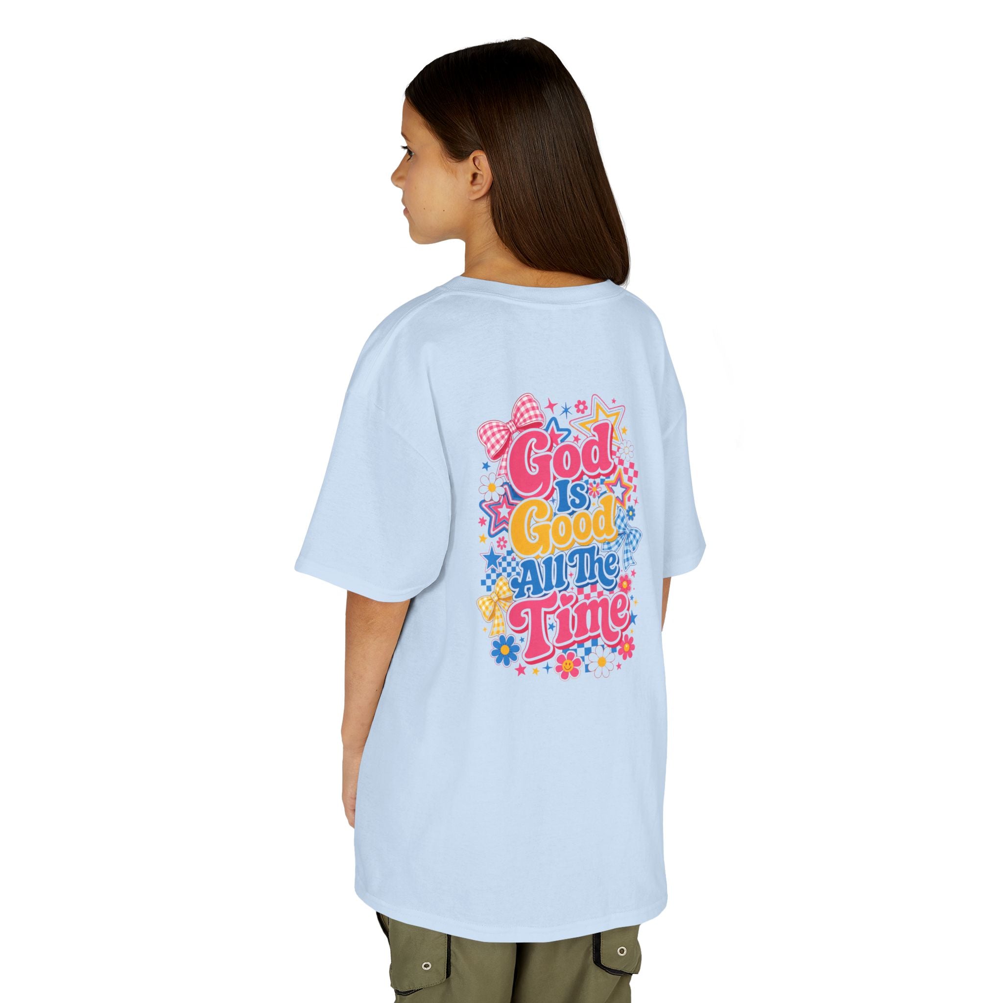 Kids Girl T‑Shirt — "God Is Good All The Time" Colorful Cross Christian Tee