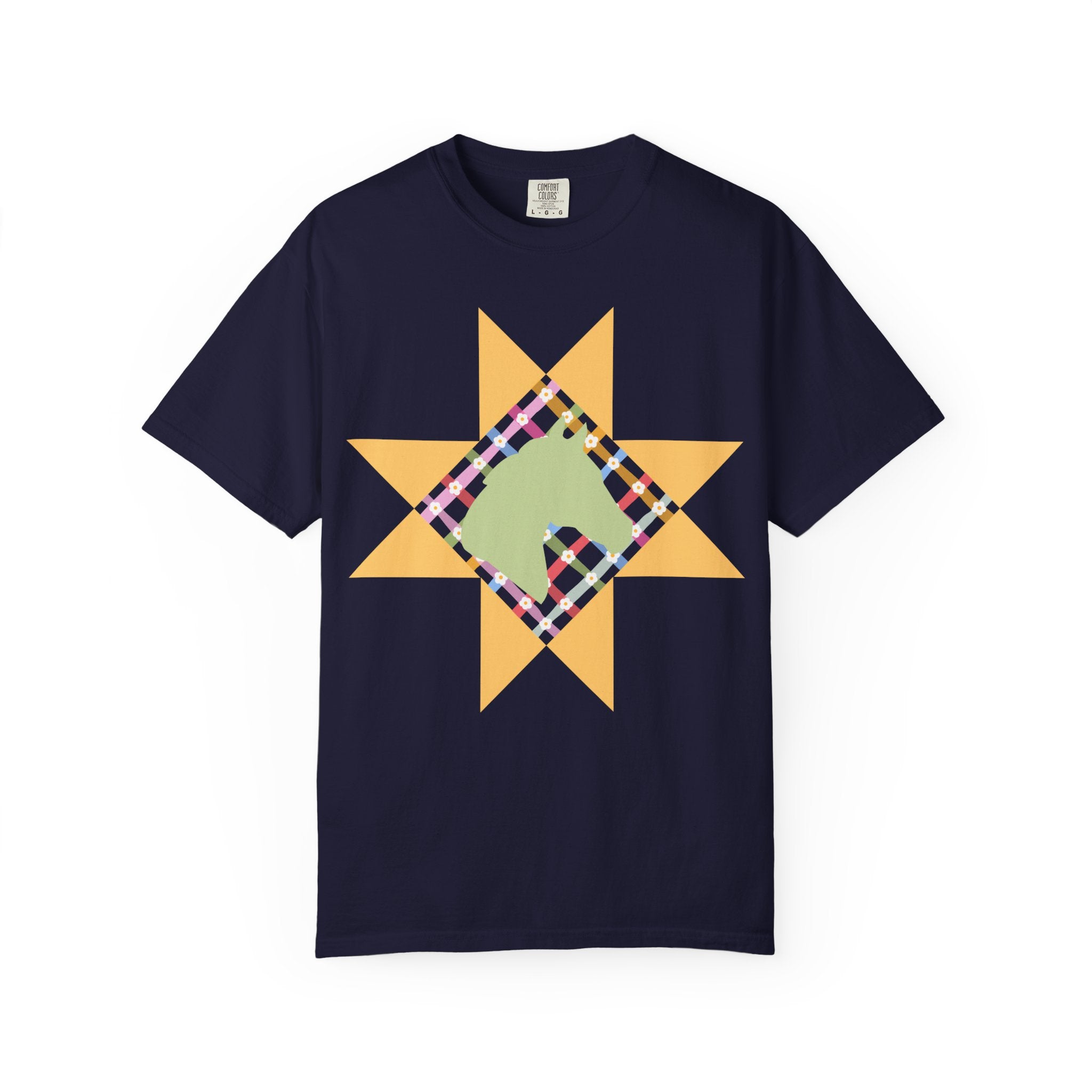 Starburst Quilt Horse Tee — Floral Patchwork Graphic T-Shirt
