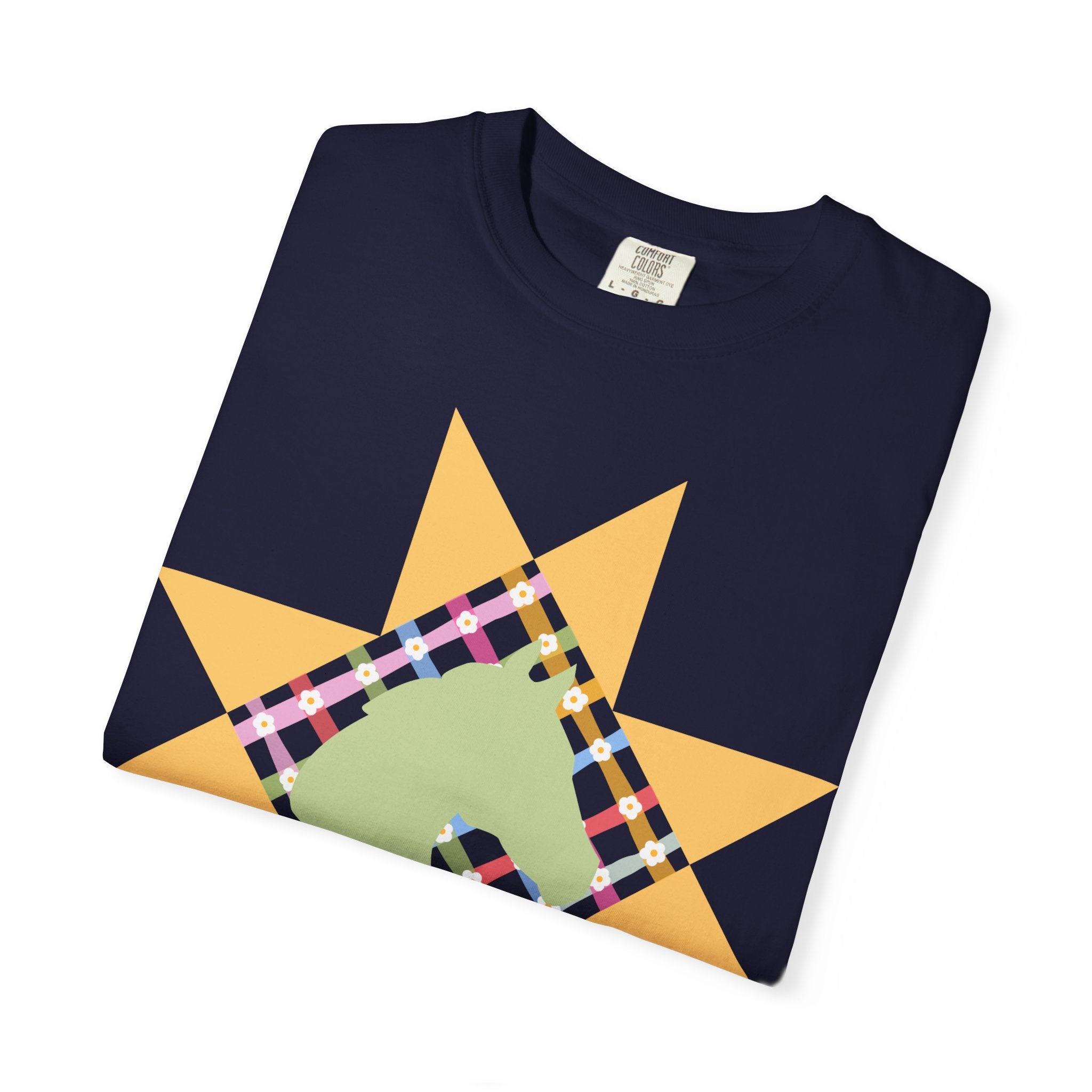 Starburst Quilt Horse Tee — Floral Patchwork Graphic T-Shirt