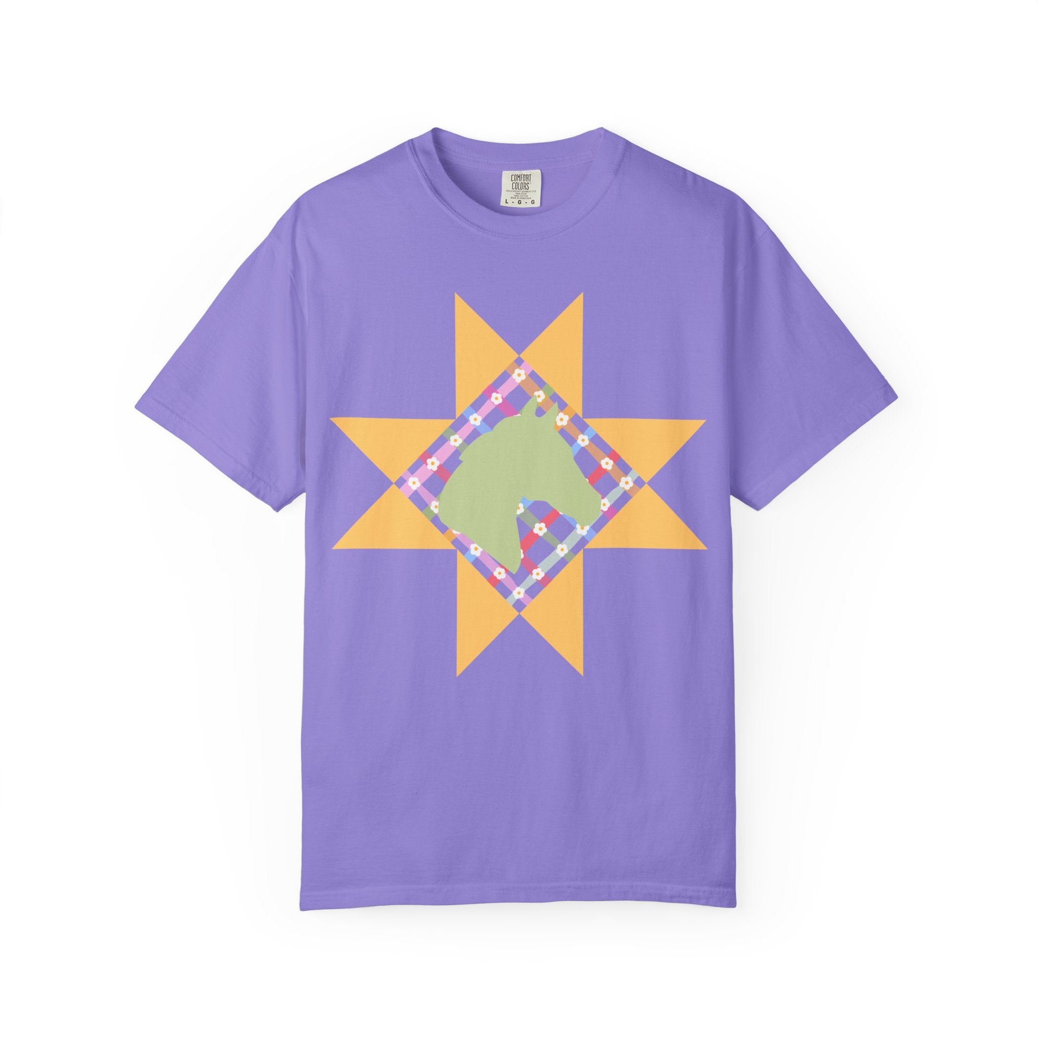 Starburst Quilt Horse Tee — Floral Patchwork Graphic T-Shirt