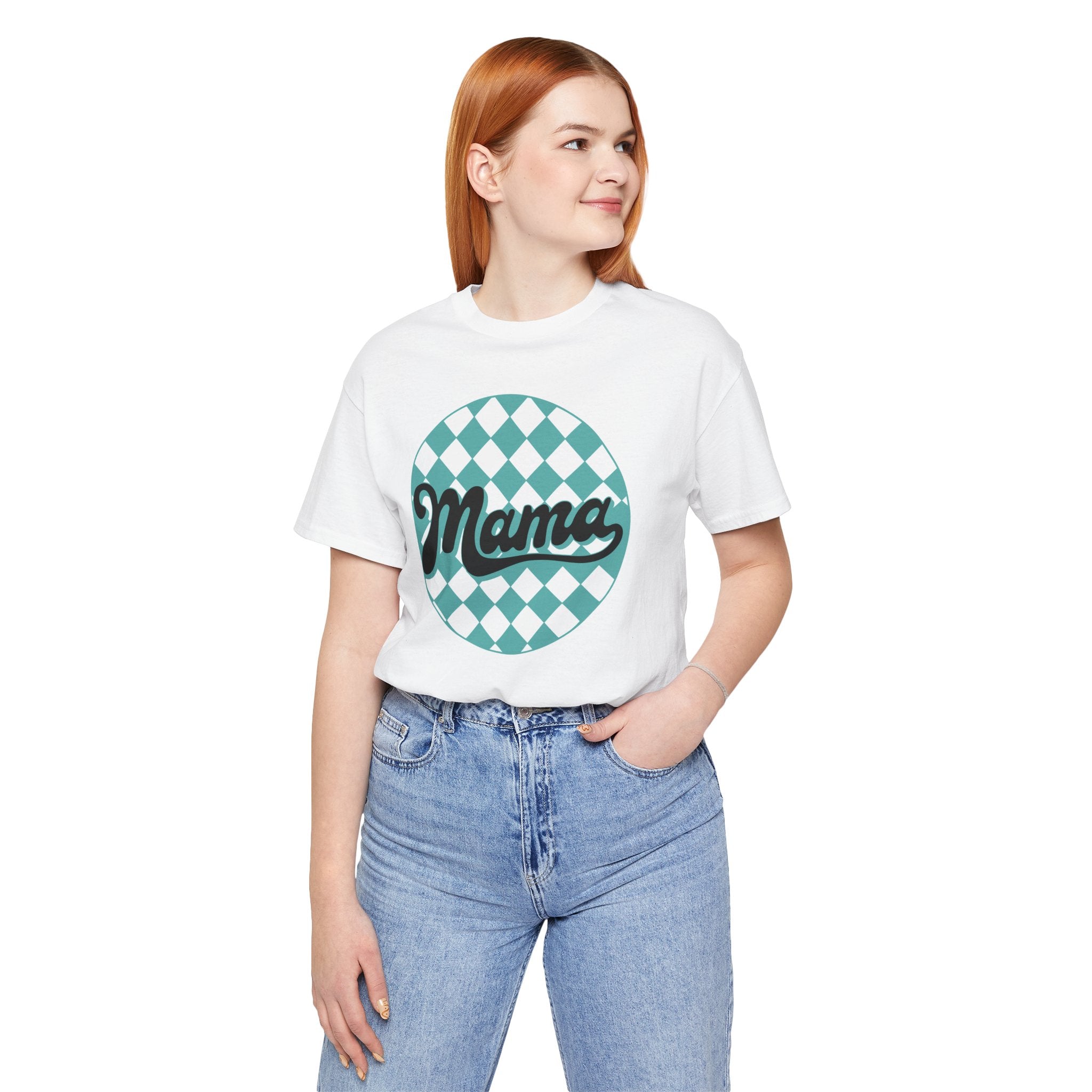 Mama Retro Checkerboard Tee — Vintage Script Mom T-Shirt