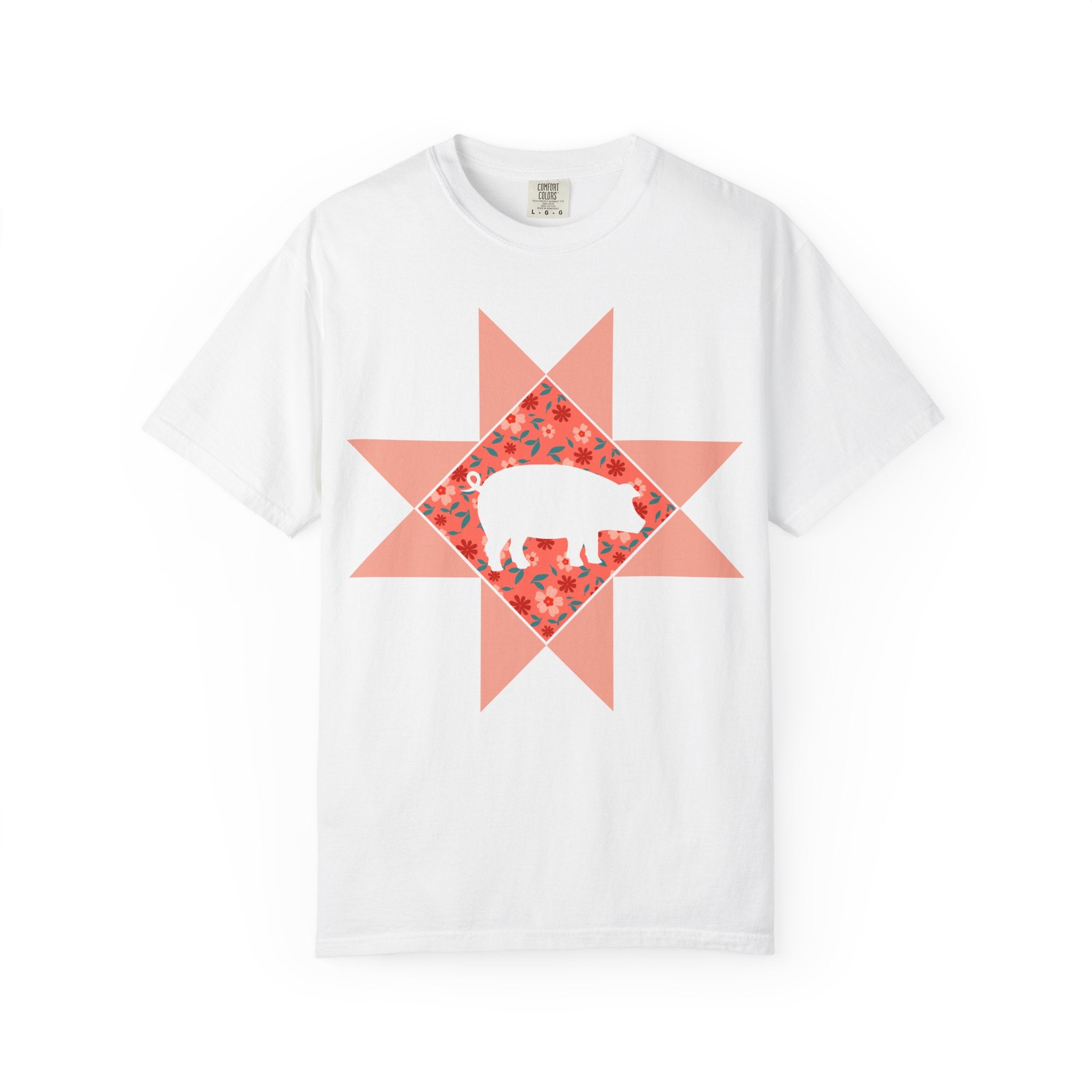 Pig Silhouette Star Quilting T-Shirt — Floral Farm Animal Tee