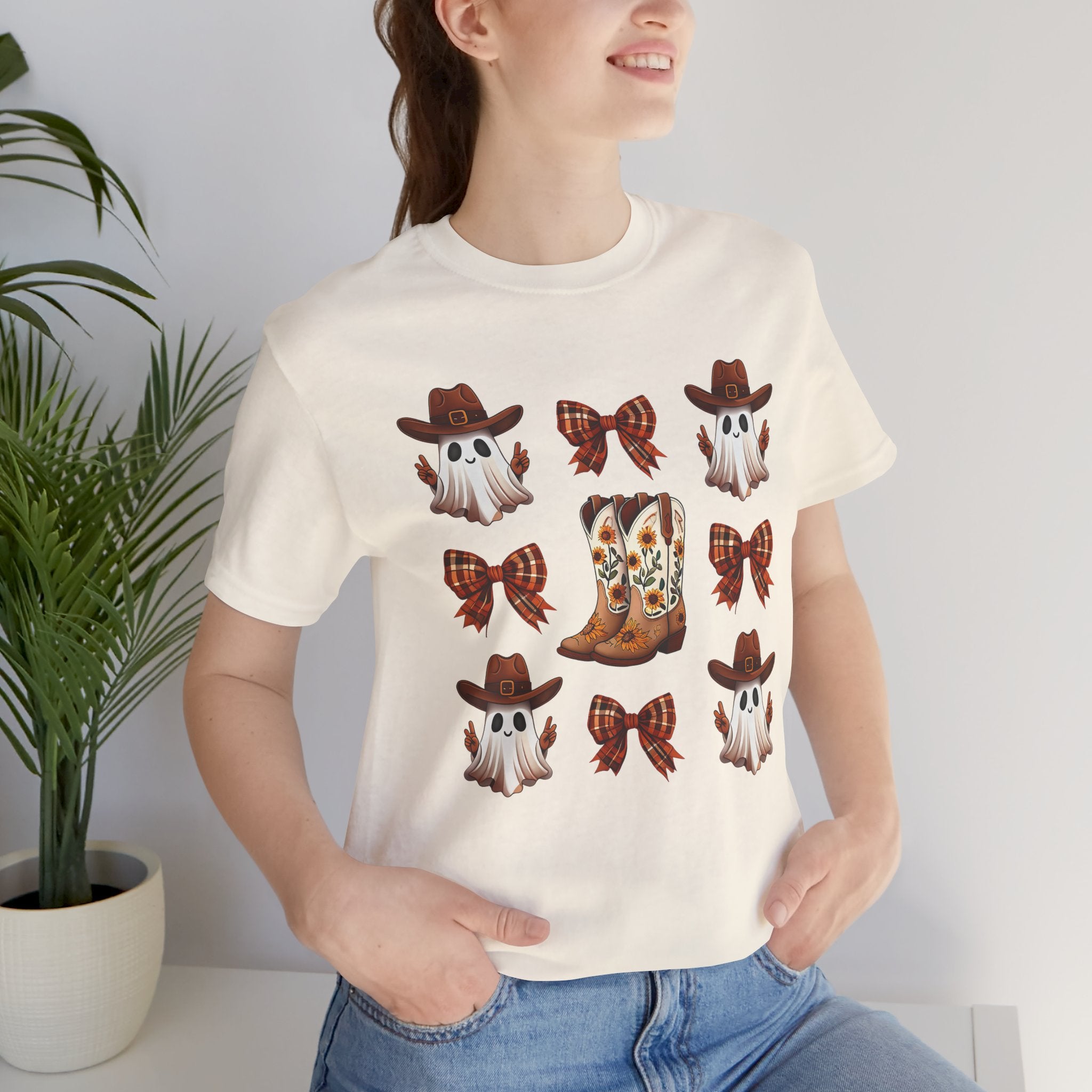 Cowgirl Fall Halloween Tee — Ghosts, Cowboy Boots & Plaid Bows Graphic T-Shirt