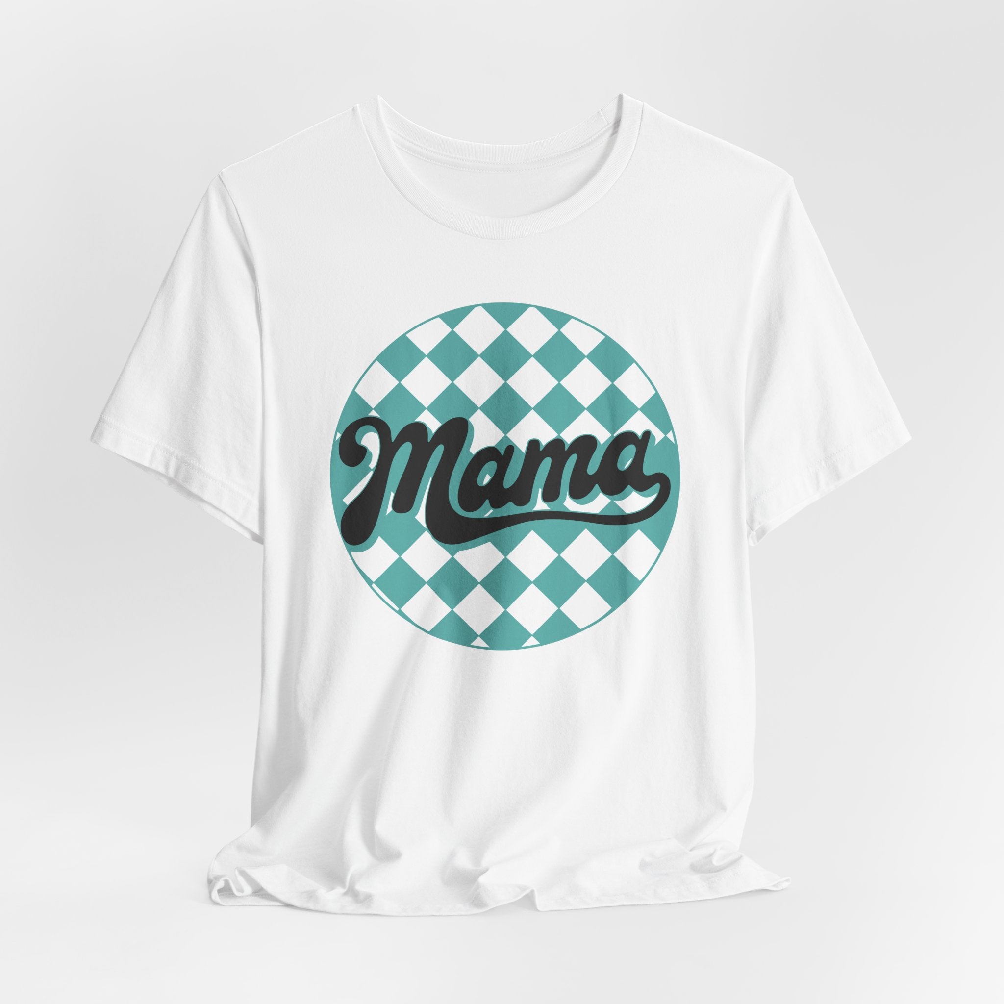 Mama Retro Checkerboard Tee — Vintage Script Mom T-Shirt