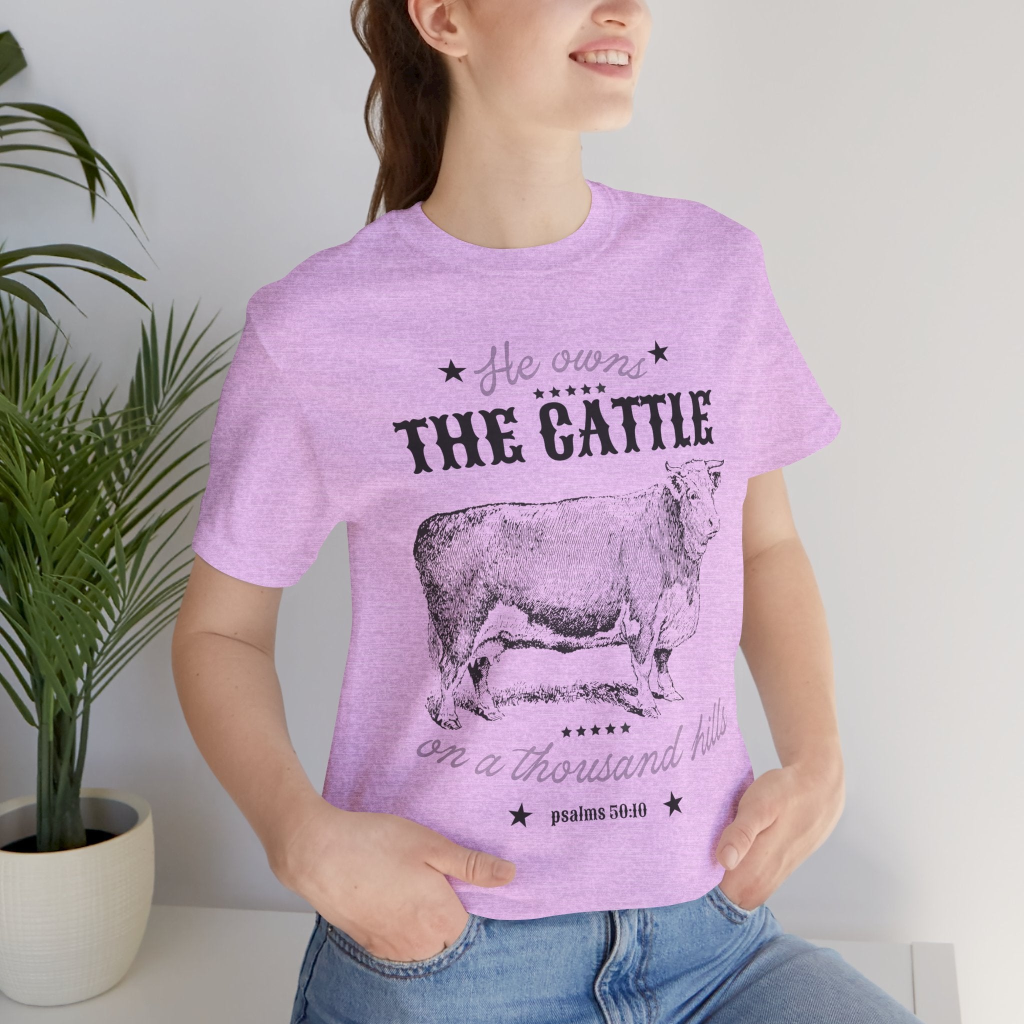 Vintage Cow Graphic Tee — "He Owns The Cattle" Rustic Farm Shirt (Psalm 50:10)