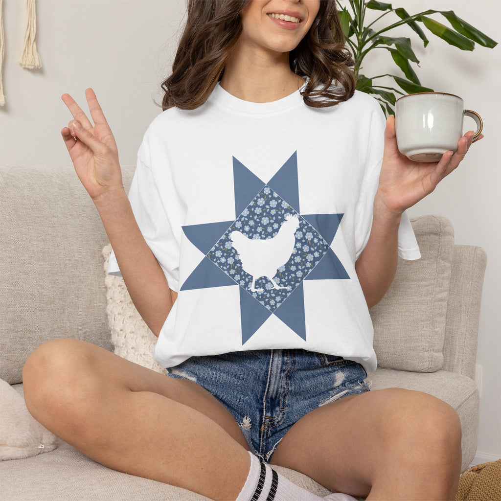 Chicken Quilt Star T‑Shirt — Farmhouse Hen Graphic Tee