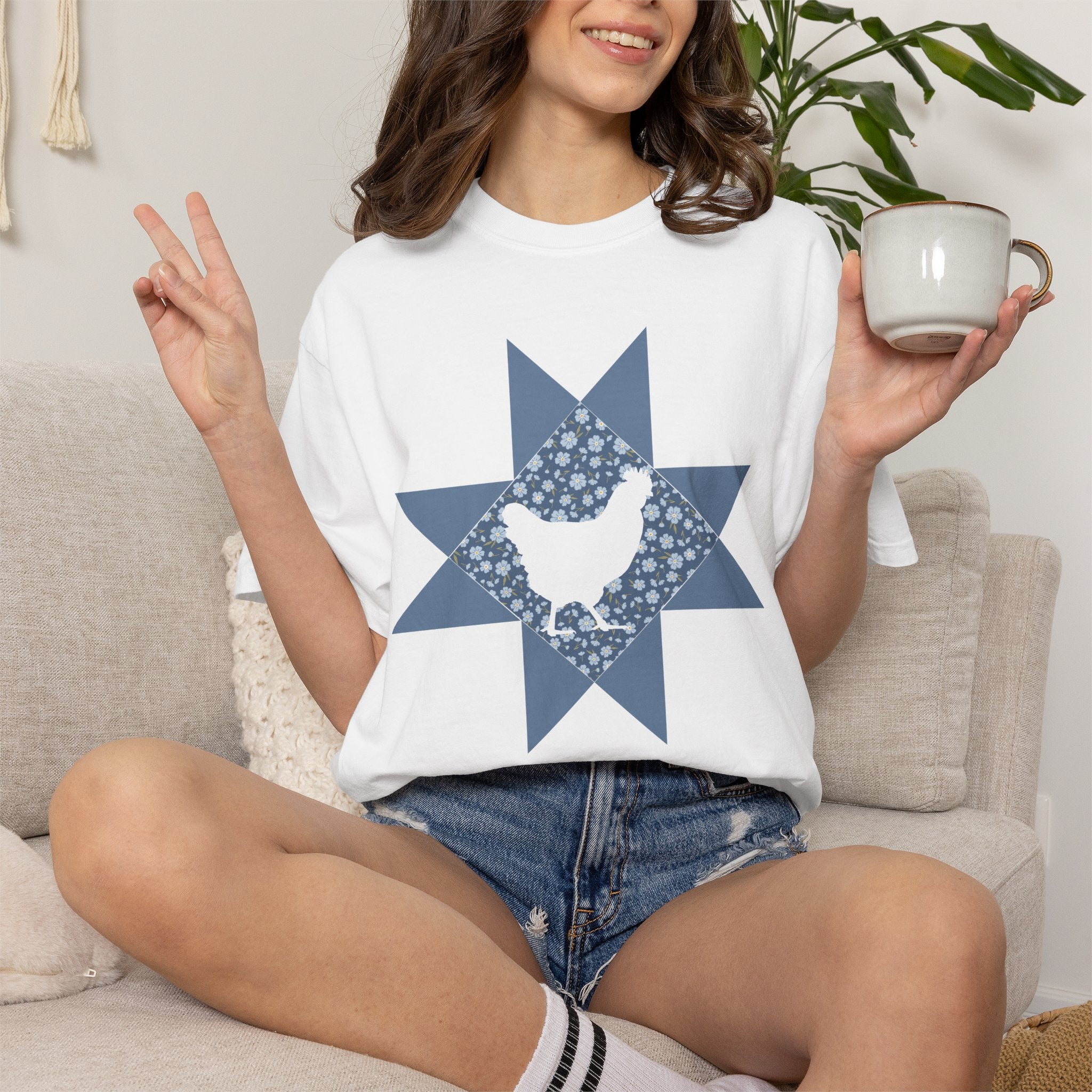 Chicken Quilt Star T‑Shirt — Farmhouse Hen Graphic Tee