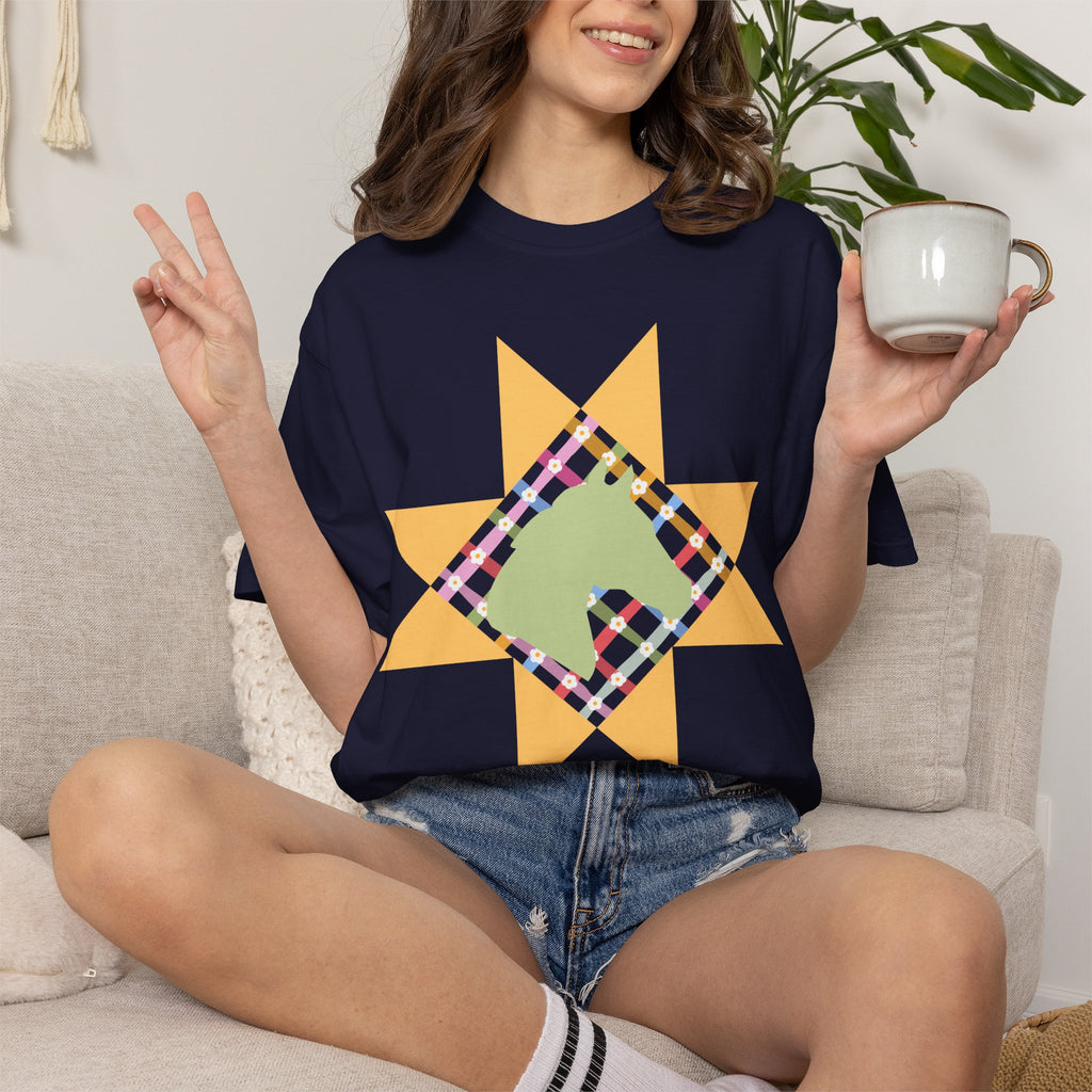 Starburst Quilt Horse Tee — Floral Patchwork Graphic T-Shirt